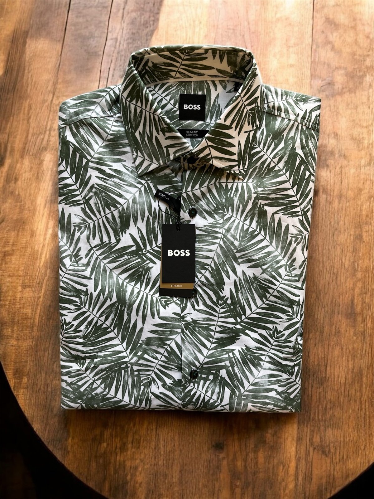 Hugo Boss Men's Hank Kent Slim Fit Leaf Print Stretch Cotton Dress Shirt S