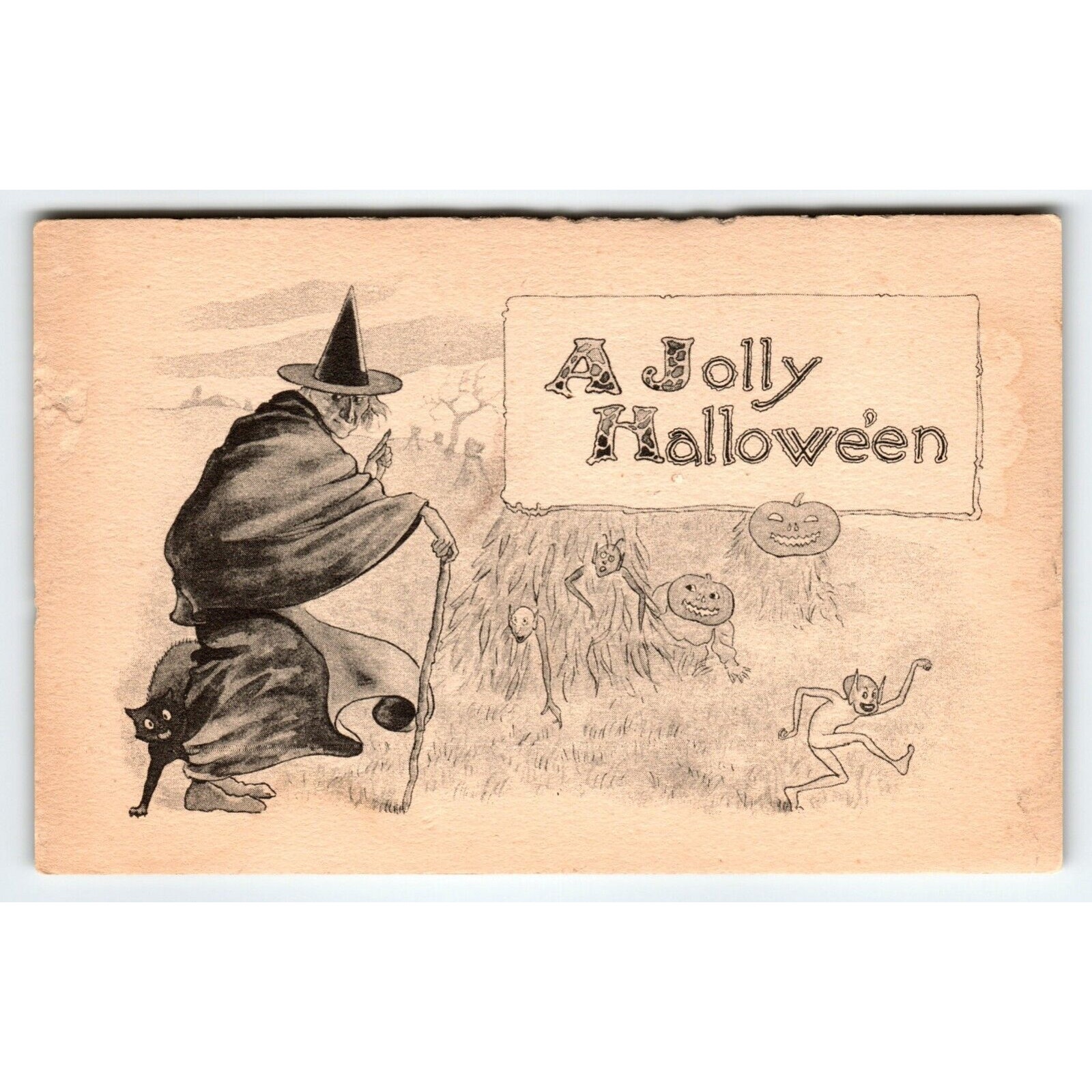 Antique Halloween Postcard Witch Creatures Black Cat Fantasy Barton & Spooner