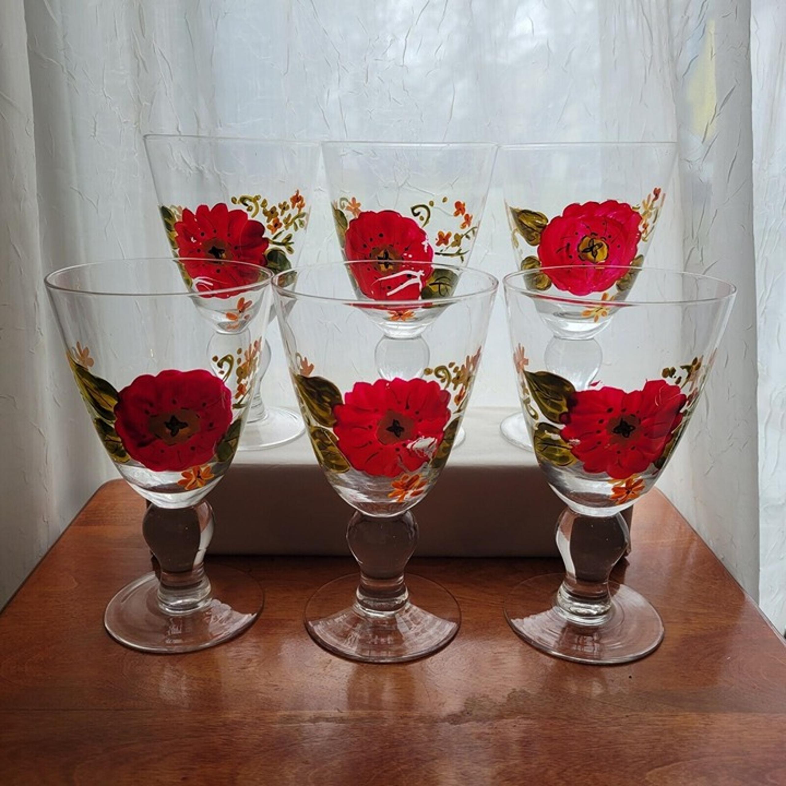 Vintage Hand-Painted Red Flower Set Of 6 Water Goblets Mid-Century Glassware