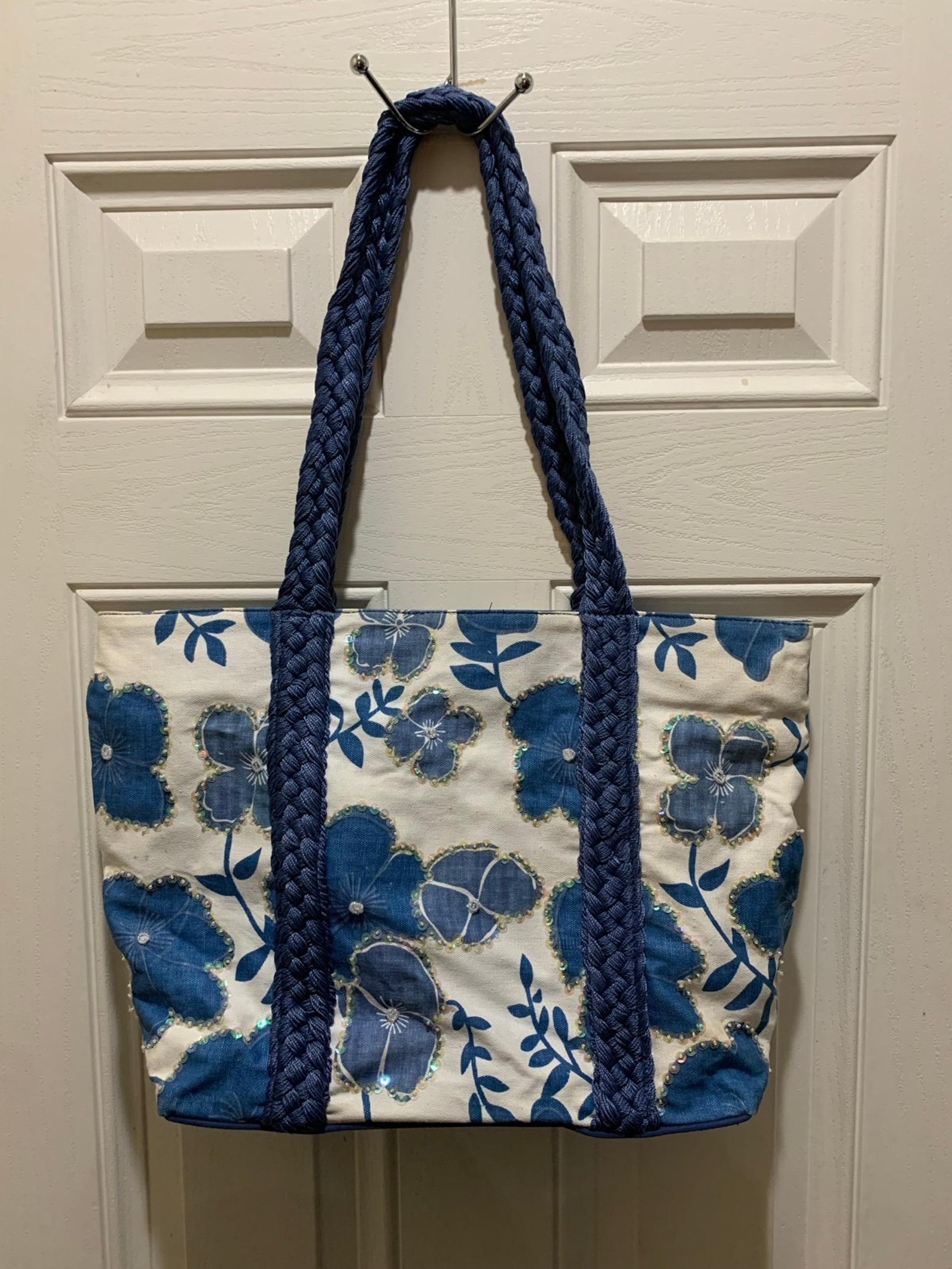 THE SAK BLUE/WHITE FLORAL PRINT LARGE CANVAS TOTE WITH SEQUIN ACCENTS