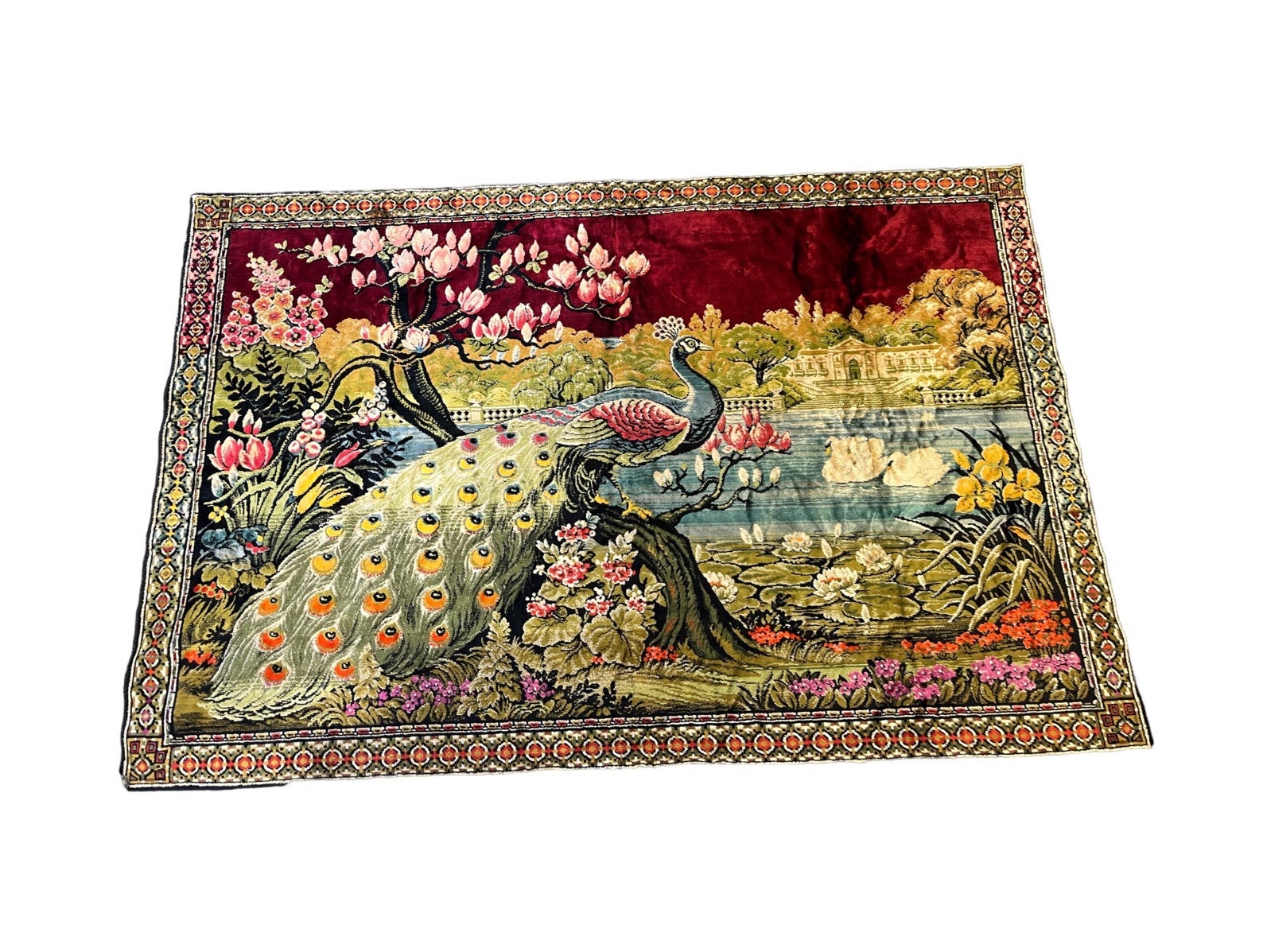 Vintage 1970’s Large Velvet Peacock Scene Wall Hanging Tapestry