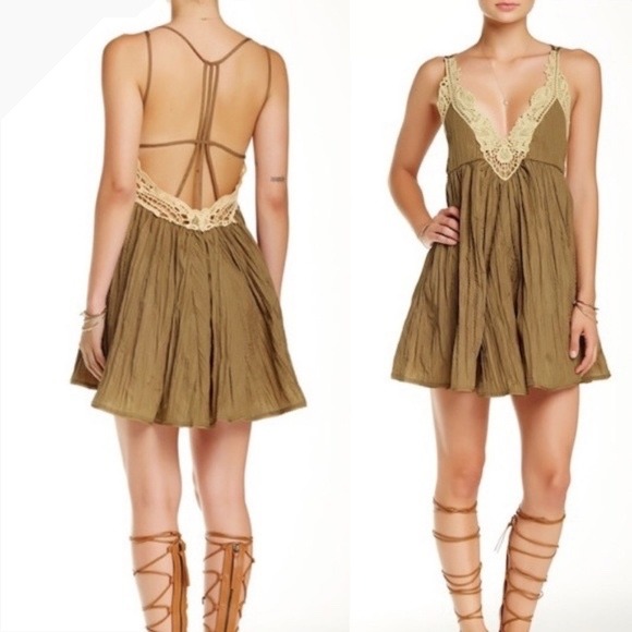 Free People Martini Babydoll Tank Top Crochet Lace Brown Sleeveless M