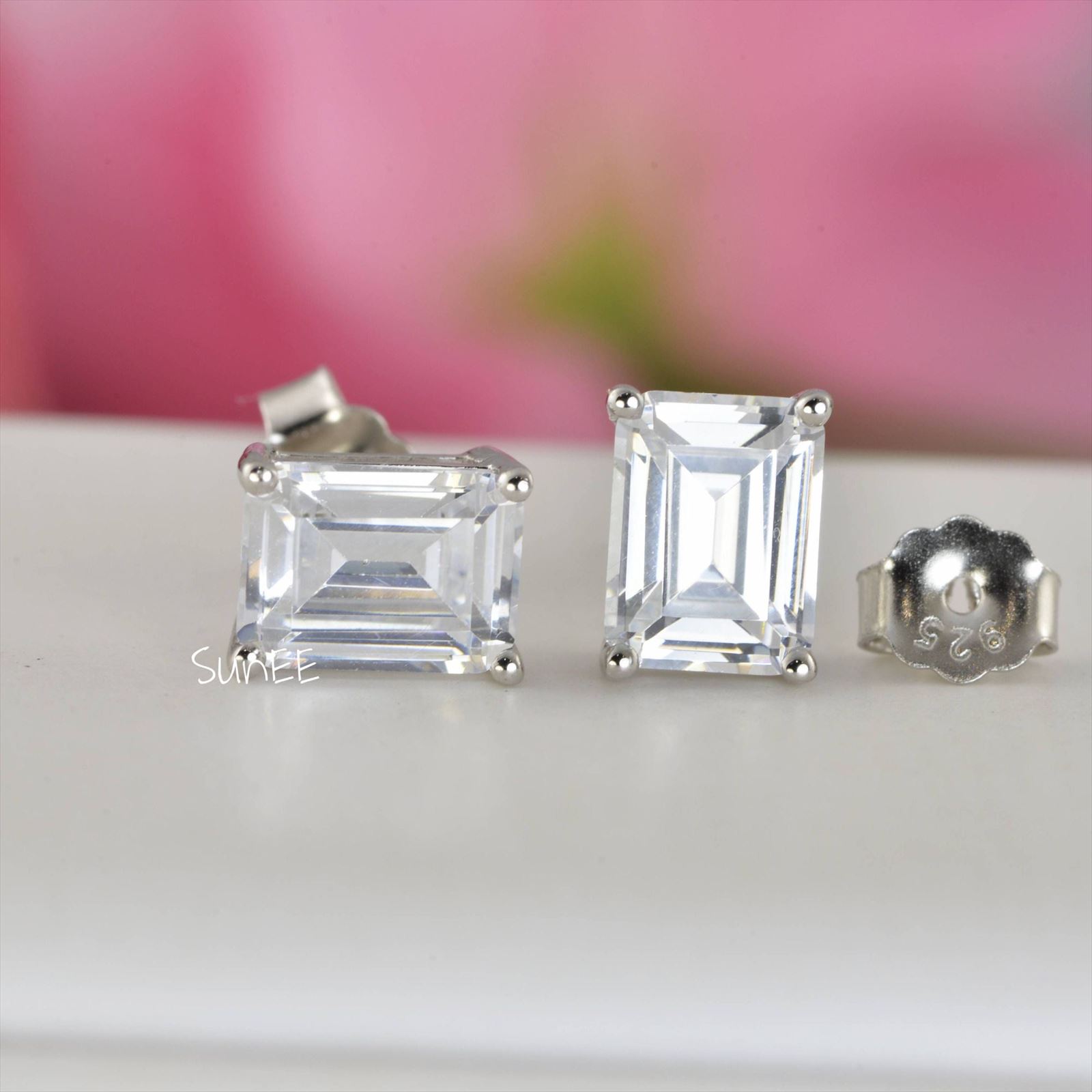 New Real 925 Sterling Silver 3.5ct Stud Emerald Diamond Earrings
