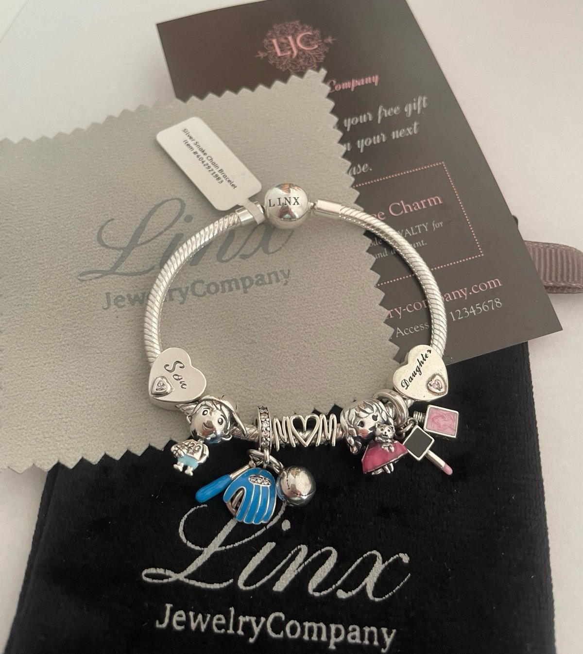 Linx Snake Chain Bracelet with Mom Son and Daughter Themed Charms