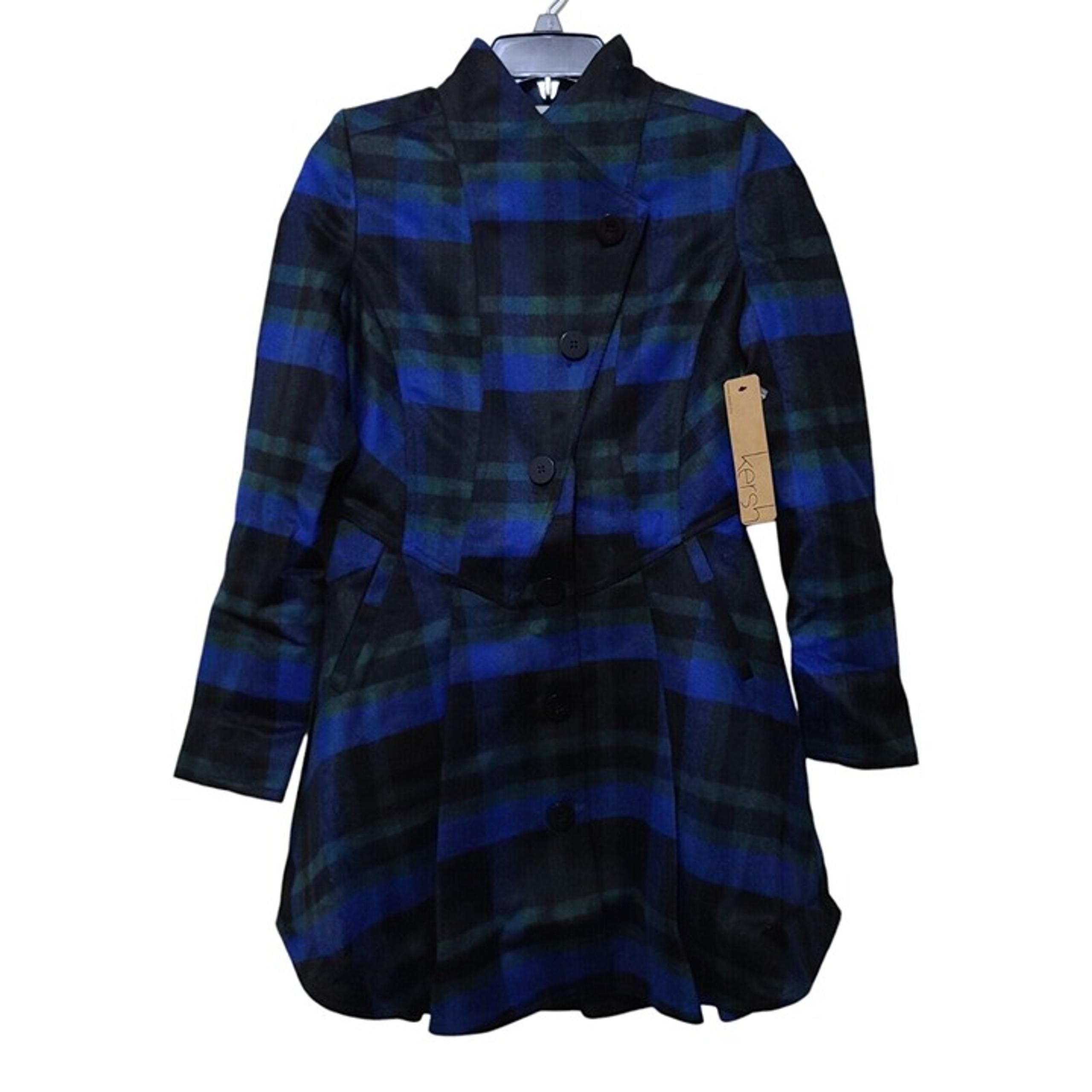 NWT Kersh Plaid Wool Blend Swing Peacoat Blue Green Women's XS