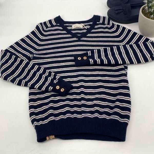 Anthropologie TROVATA Montecito Cashmere Cotton Stripe Sweater Cream/Navy Sz M