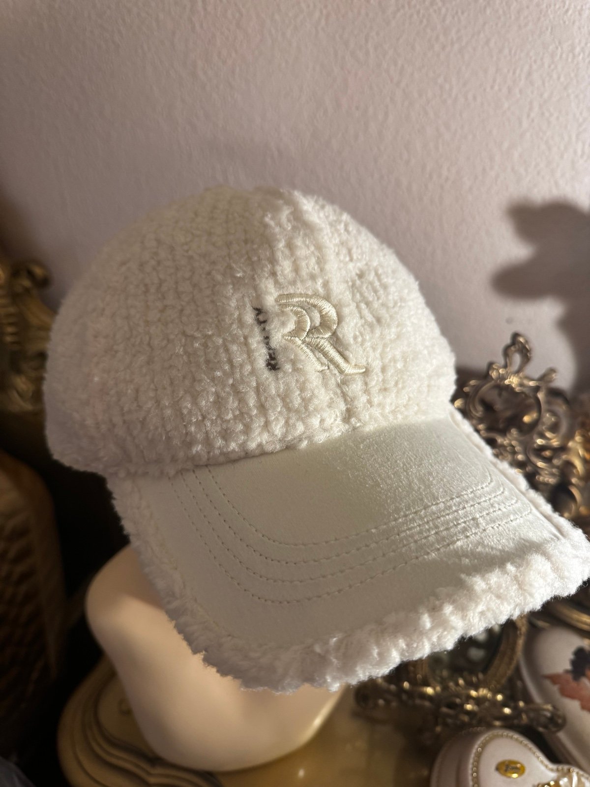 Monogram hat cap furry fluffy faux