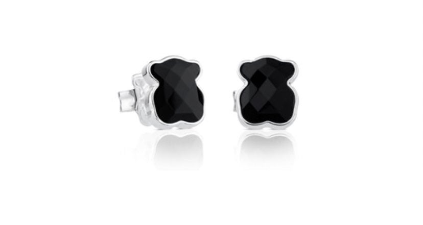 Silver and Onyx Bear Stud Earrings