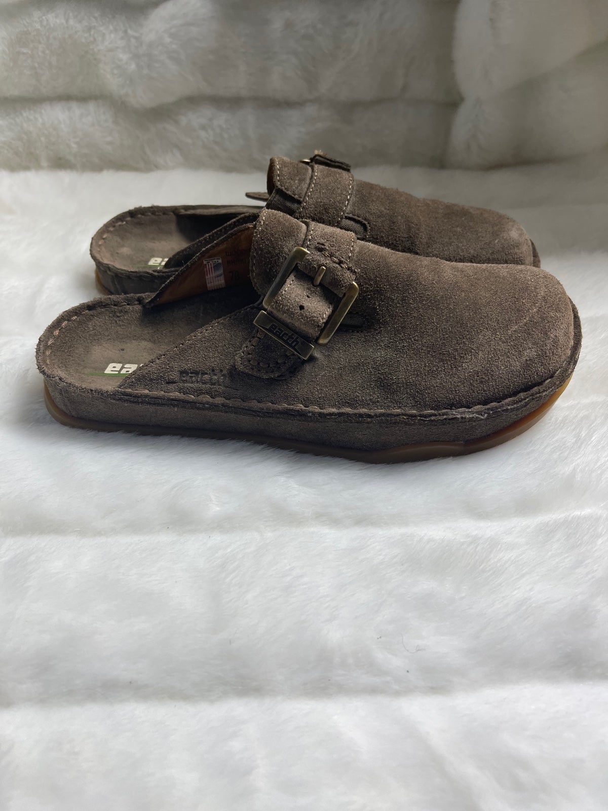 Earth leather suede brown slip on mules side buckle & elastic side rubber soles