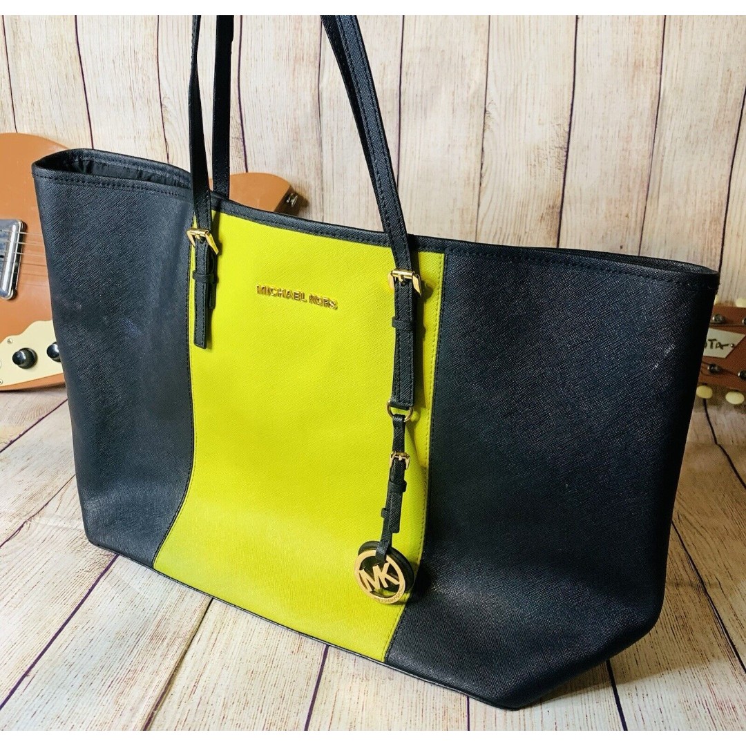 Michael Kors Jet Set Travel Tote Handbag Apple Lime Green And Black Purse