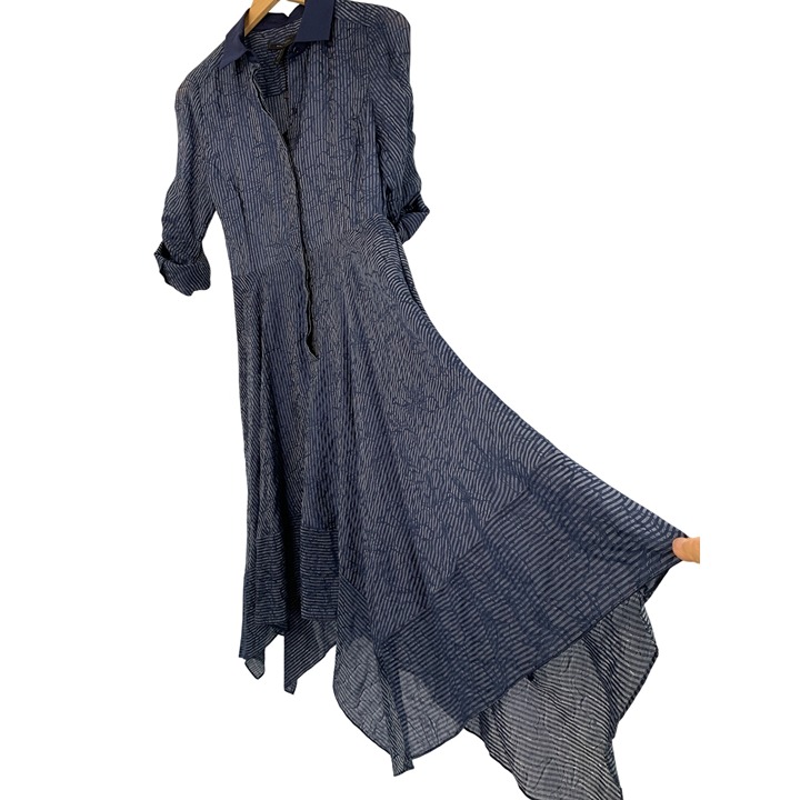 XS NWT BCBGMAXAZRIA Blue Striped Handkerchief Hem Midi Shirt Dress 298