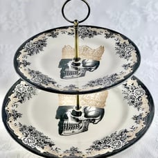 Halloween Decor, Spooky Cake Stands, Skeletons with Crown, Wedding Cake Plate