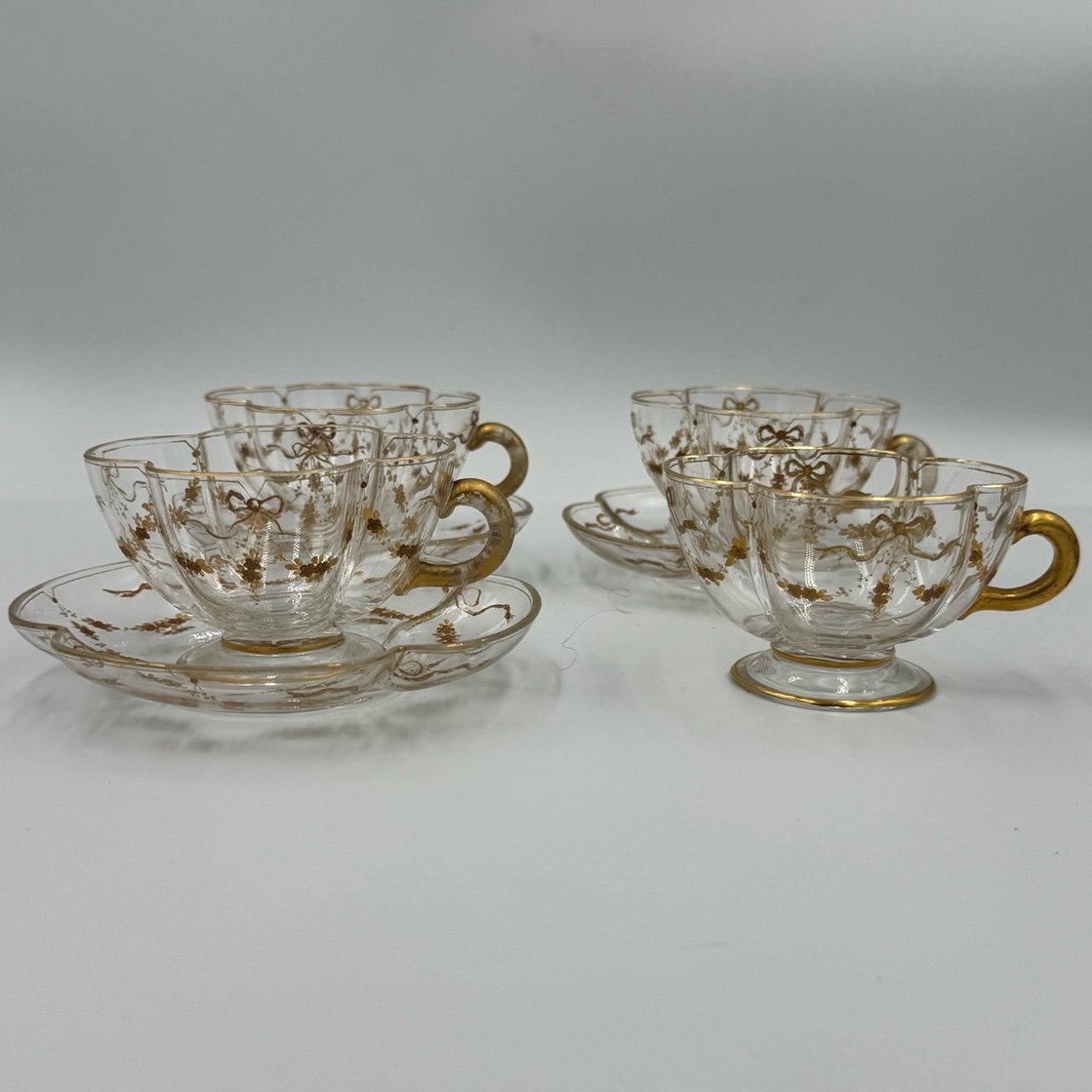 Antique Moser Bohemian Style Clear Lobed Cup & Saucer Set Ribbon & Bow Pattern