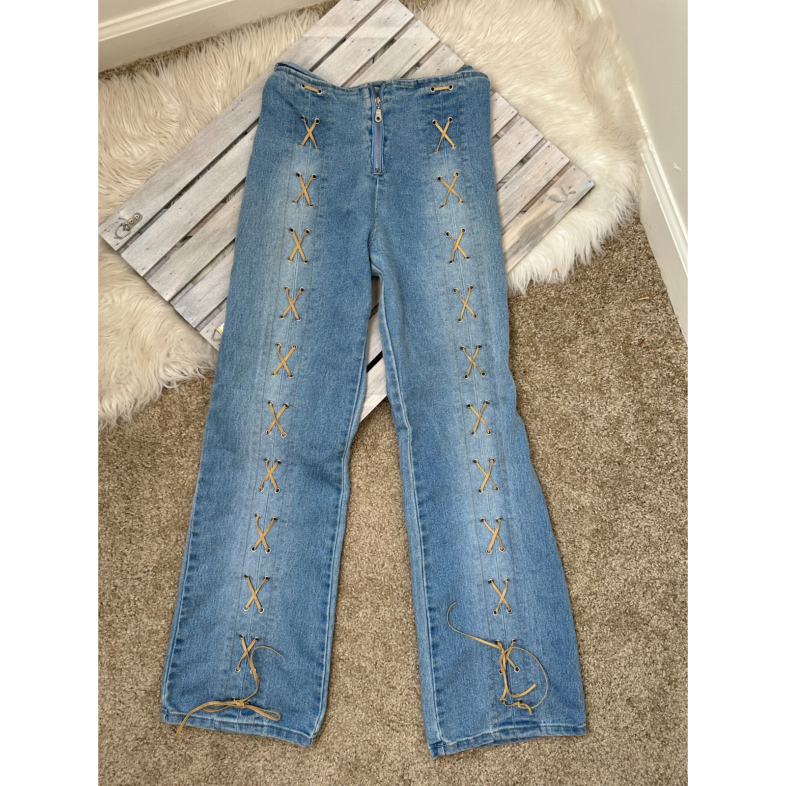 Vintage Y2K 90s Jukebox Lace Up Blue Denim Jeans