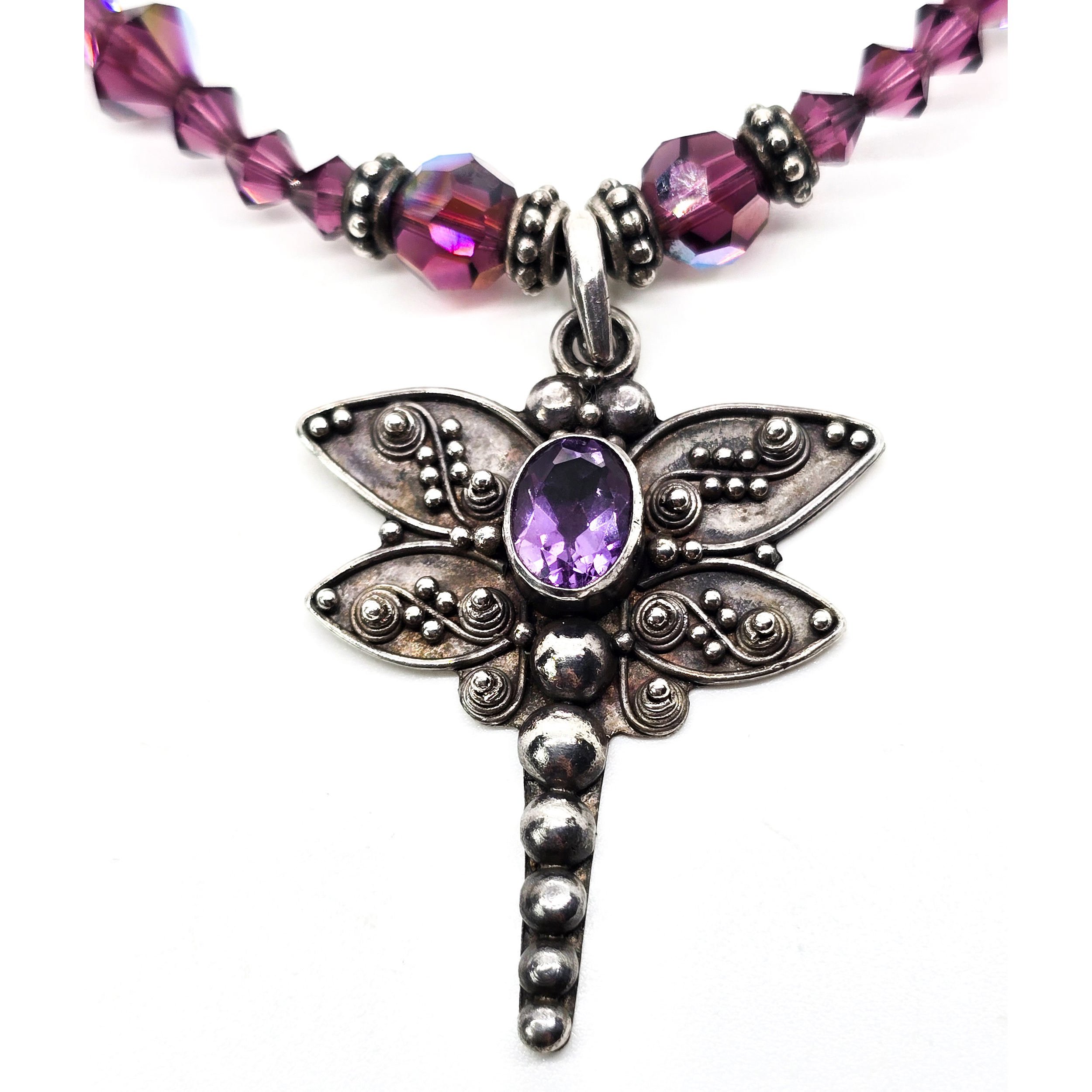 Dragonfly Amethyst tribal sterling silver and Swarovski crystal toggle clasp ne