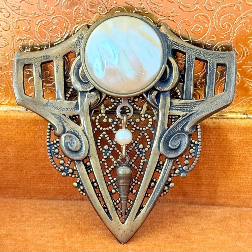 Vintage Art Deco Man Michaels S.F. Brass and Cultured Pearl Brooch Pin
