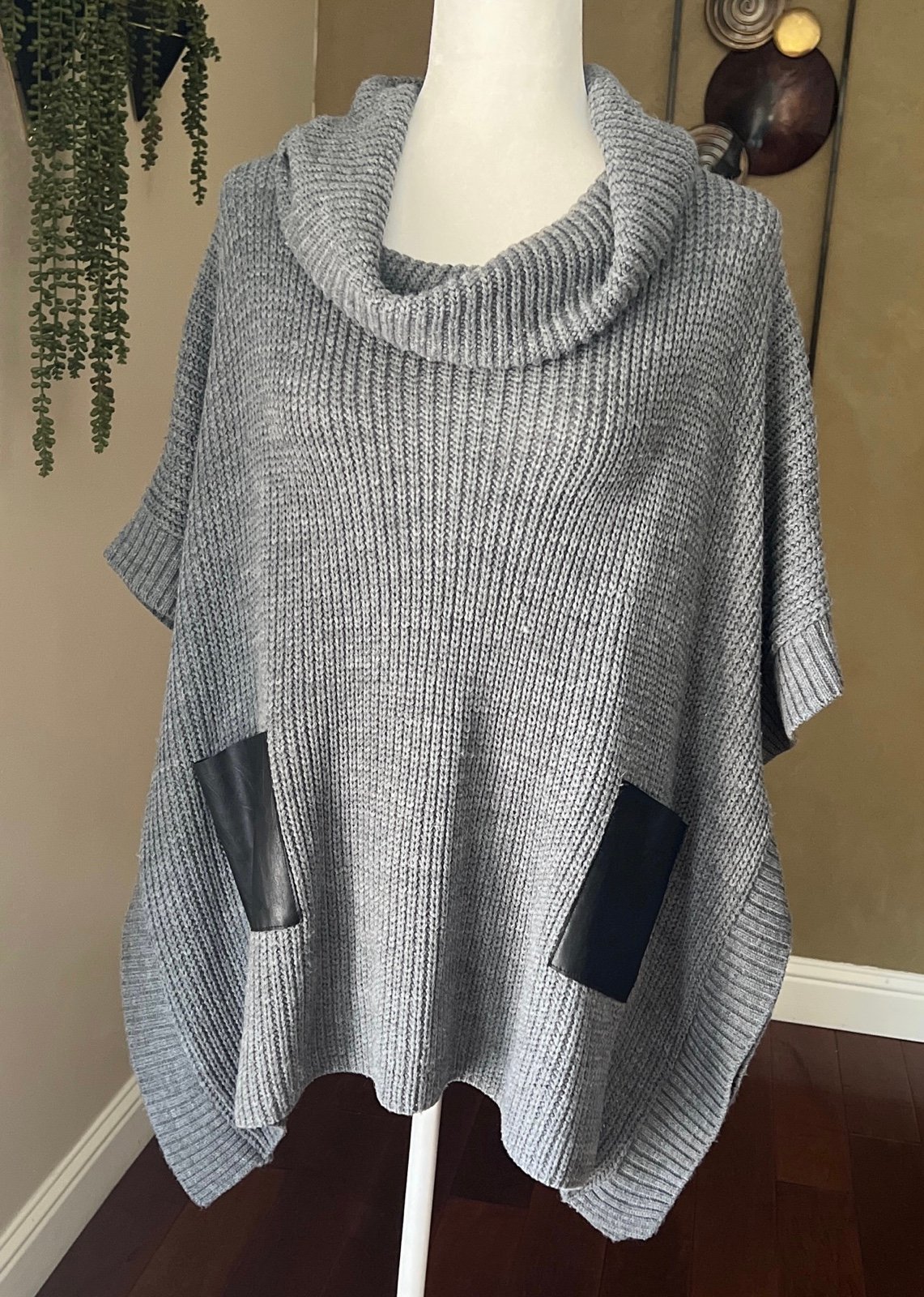 Venus Grey Cowl Neck Sweater Poncho with faux leather pockets OS