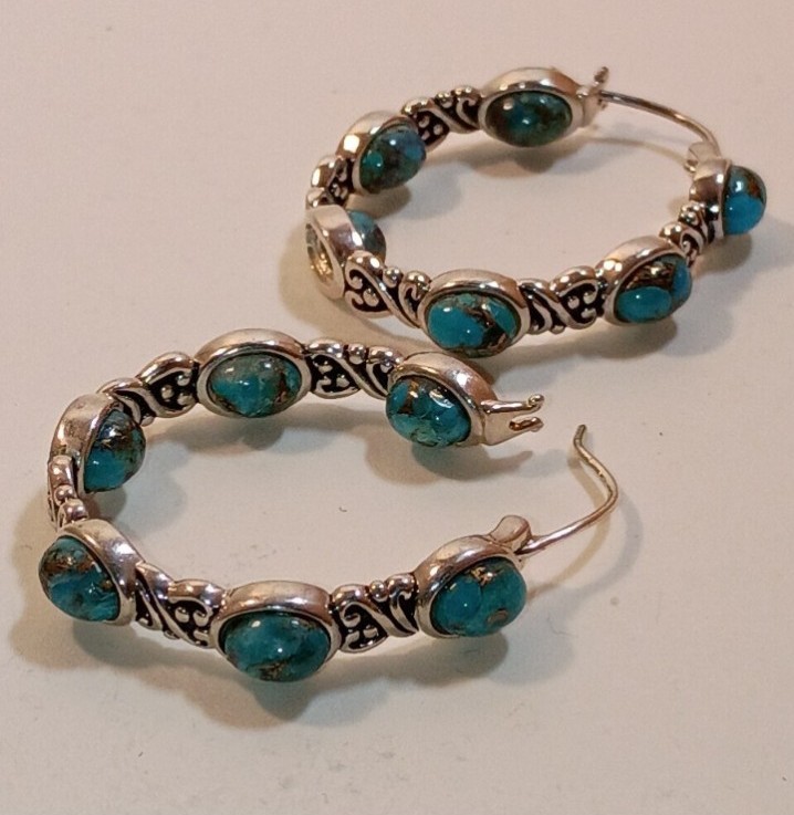 Blue Kingman Turquoise rhodium over silver earrings double-sided