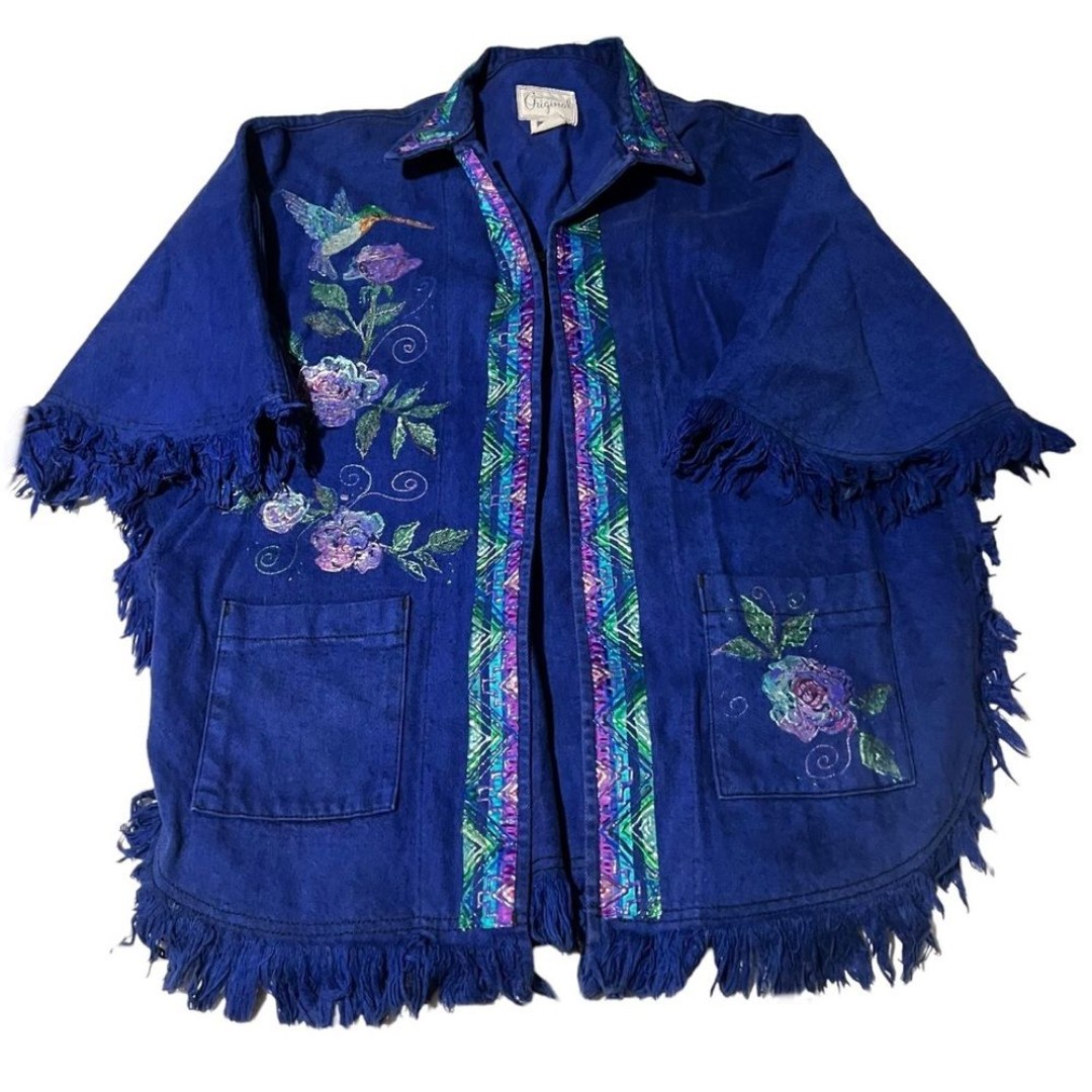 Carol Wilcher Original | Hummingbird Floral Art Design Fringe Denim Coat Jacket