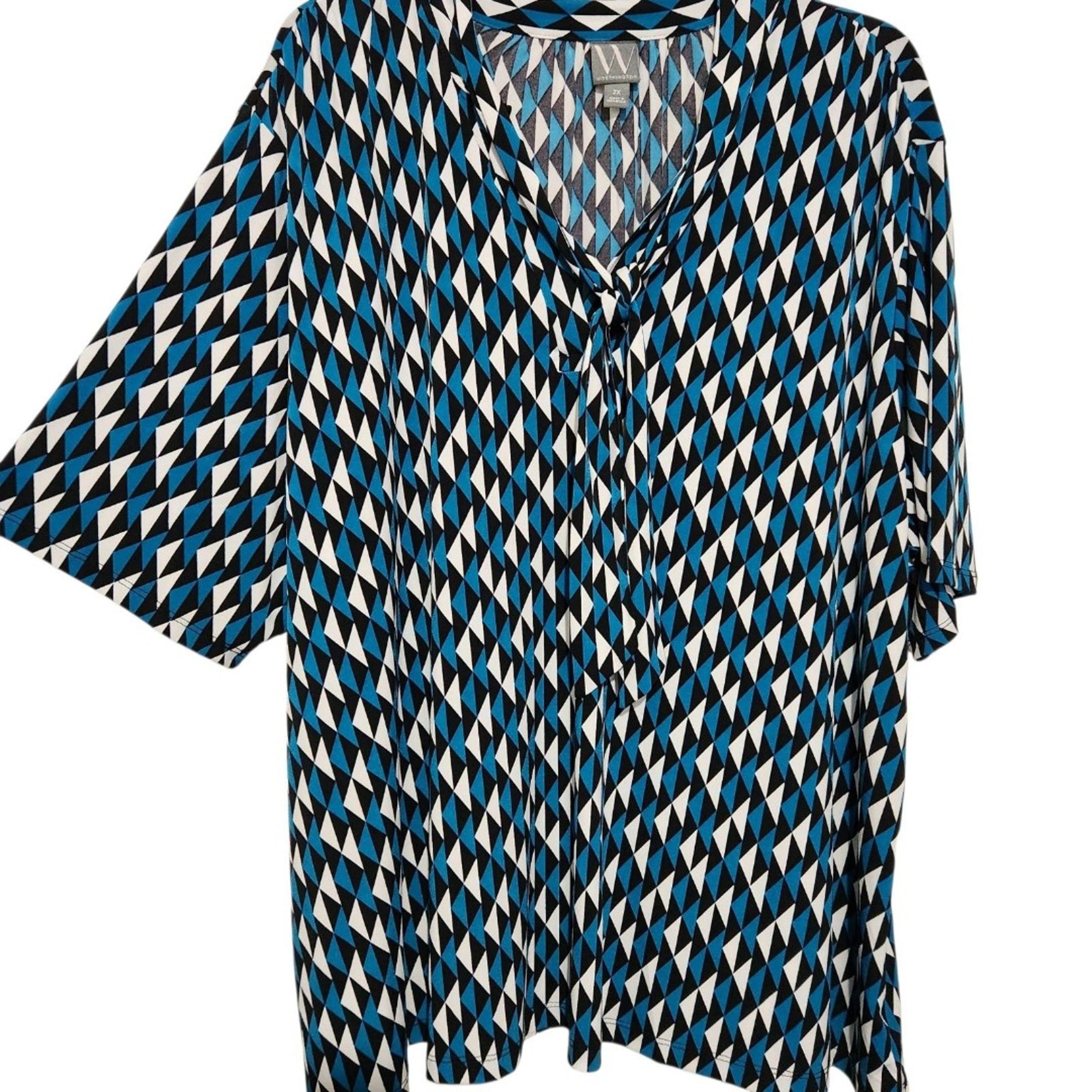 Worthington Blouse For Women Size 2X Blue Chevron Pattern Tunic top Tie Front