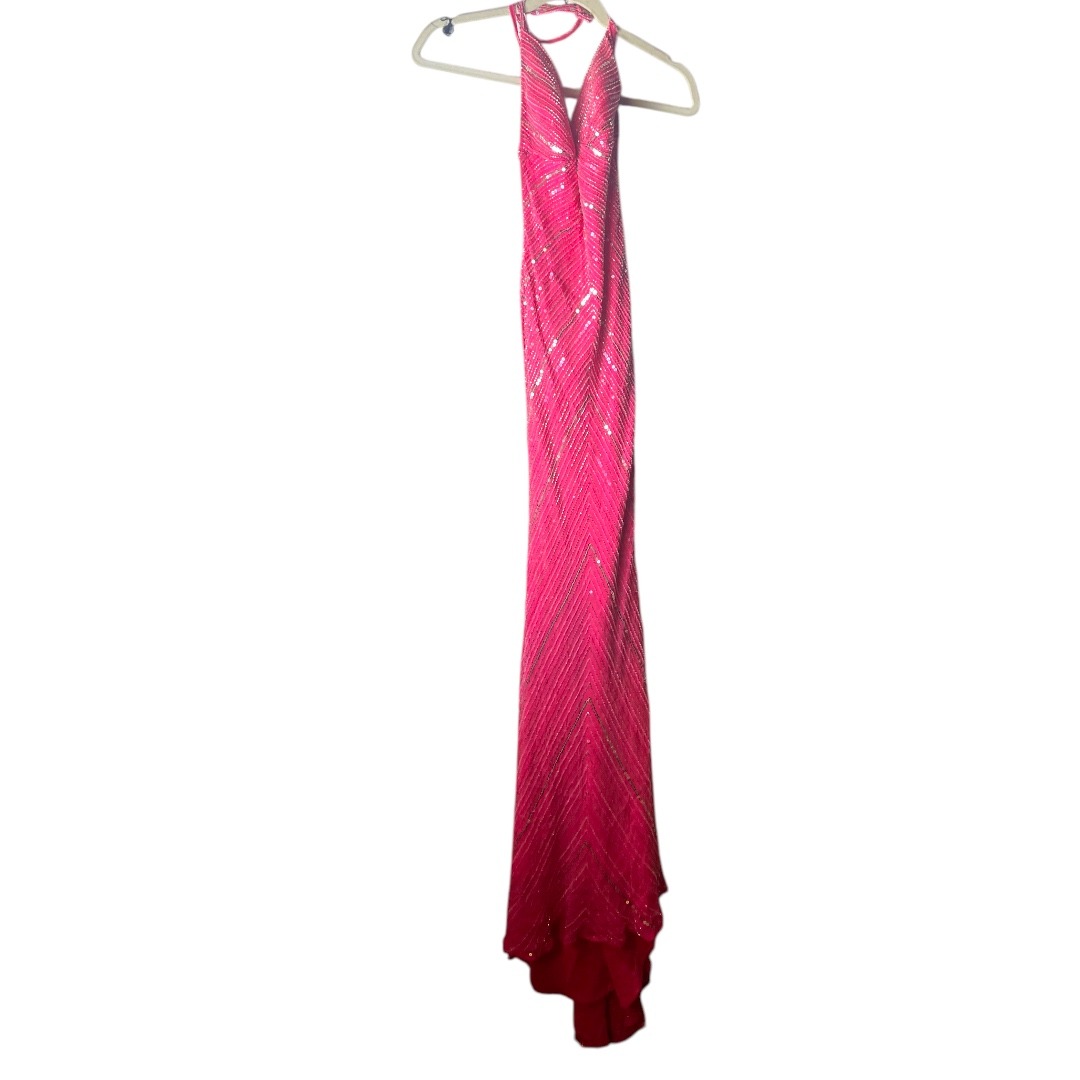 Scala Pink Beaded Silk Maxi Formal Gown V Neck Scoop Back XS