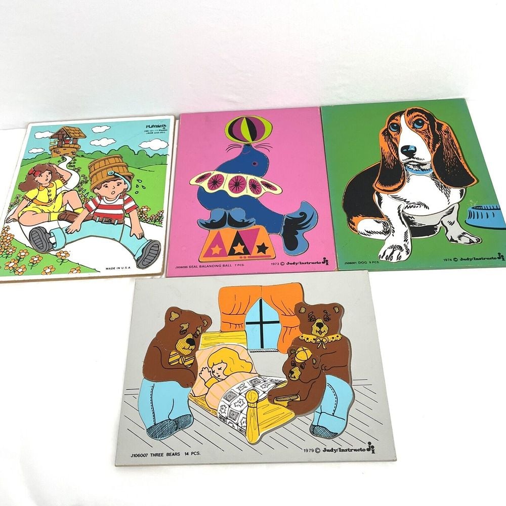 Judy Instructo Playskool Wood Puzzles Lot 4 Early 70s Bright Colors Three Bears