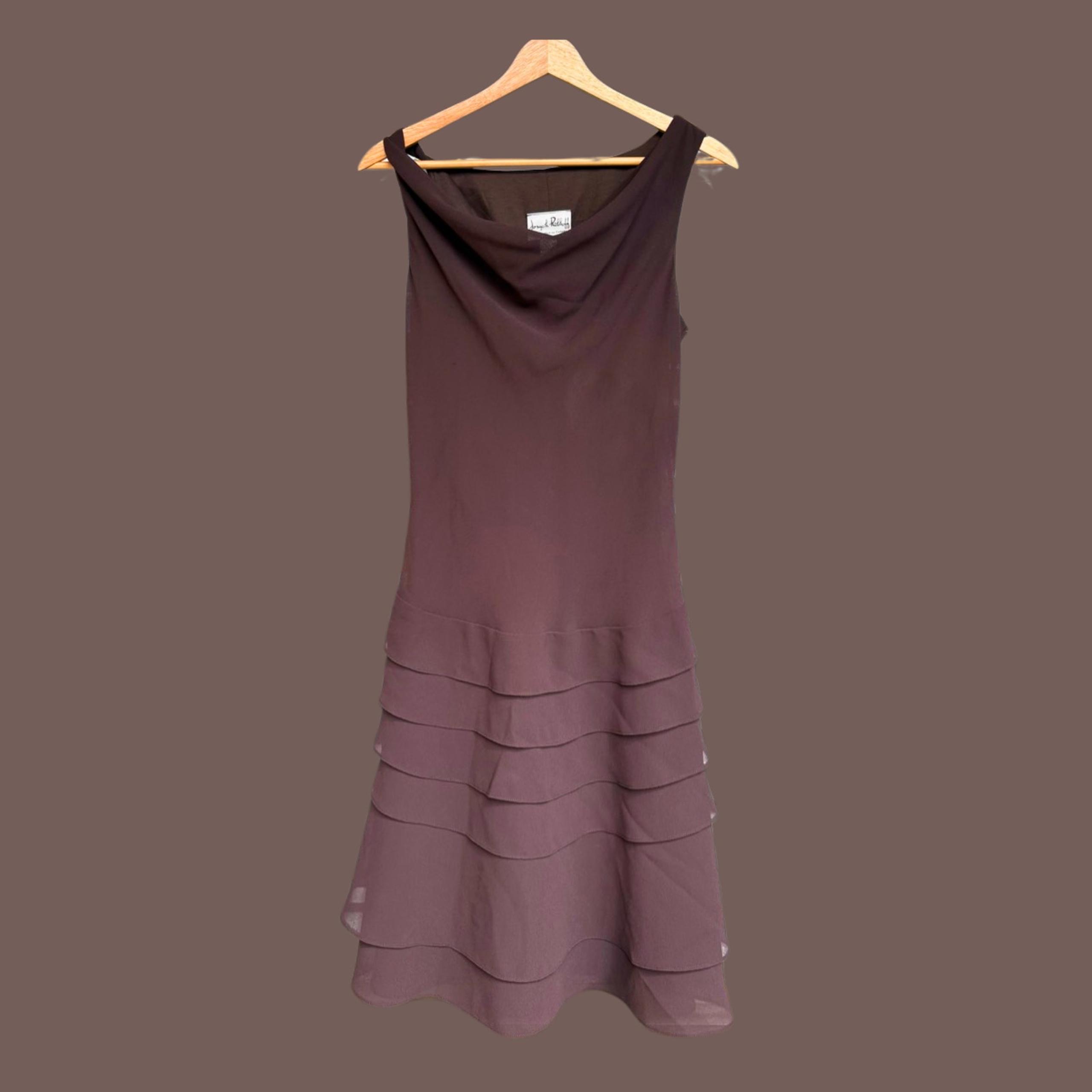 Vintage Joseph Ribkoff Dress | Ruffle Hem, Brown, Sleeveless | Size 6