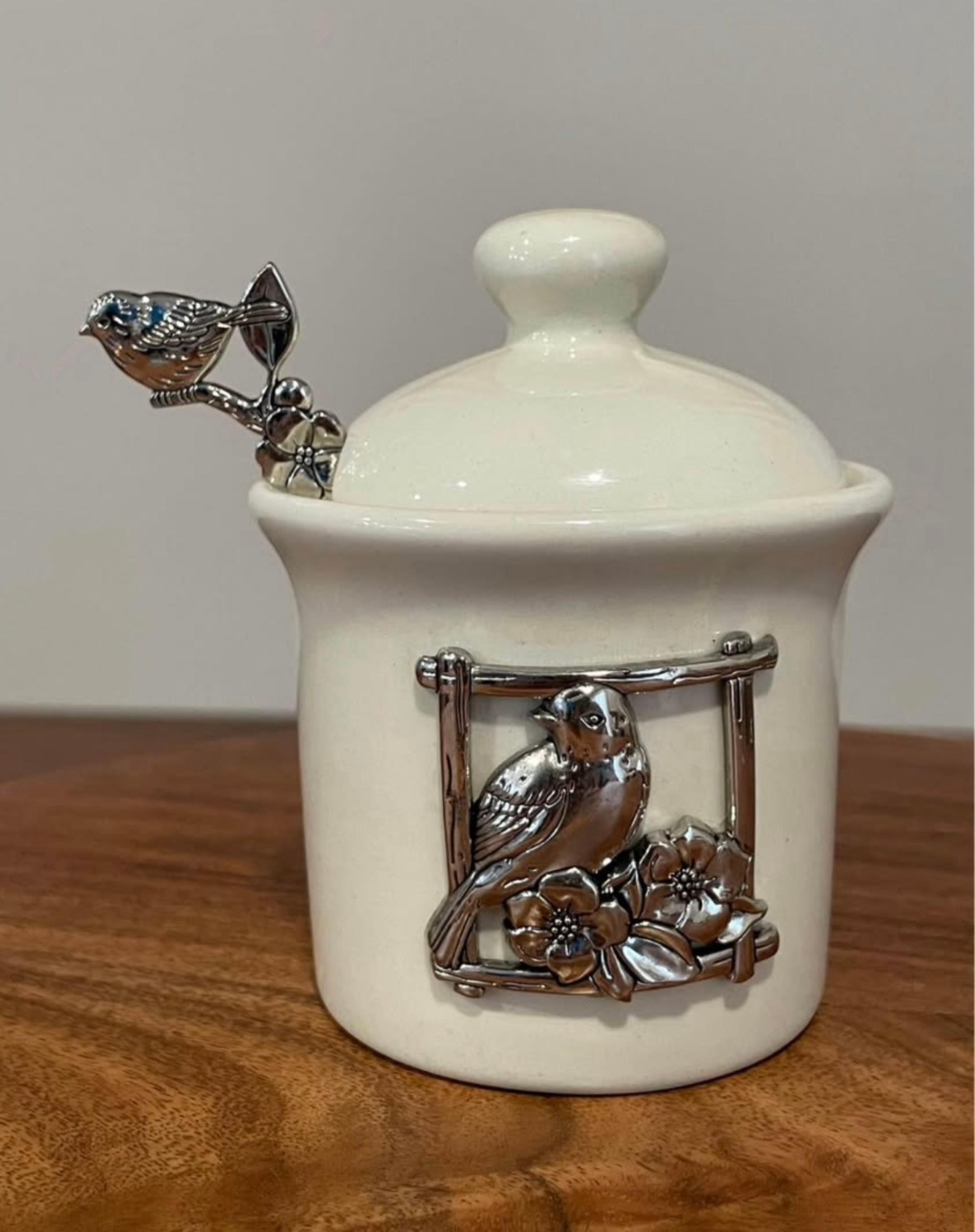 Vintage Ganz Lidded Condiment Jar with Spoon, Birds