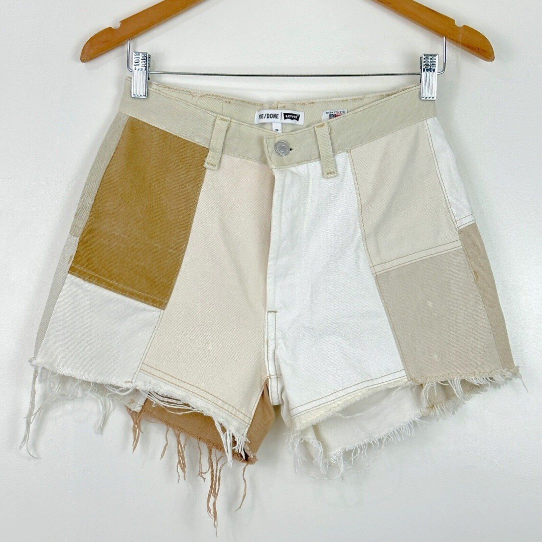 350 Re/done Levi's Women's Beige 70S Cut-Off Raw-Hem Denim Jeans Shorts Sz 25