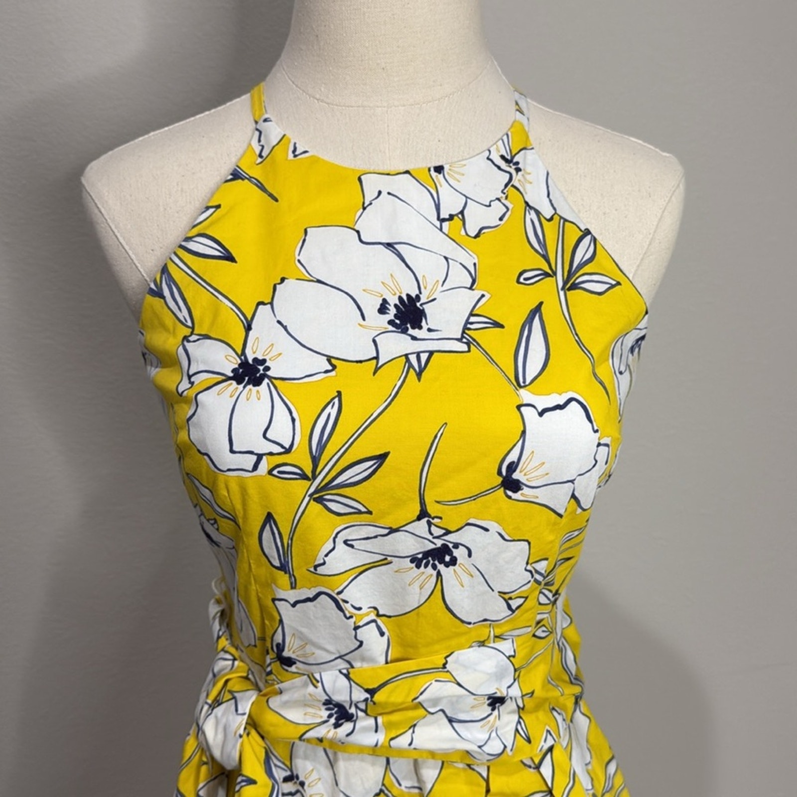 Eliza J Yellow/Navy Floral Print Fit/Flare High Neck Dress Size 0