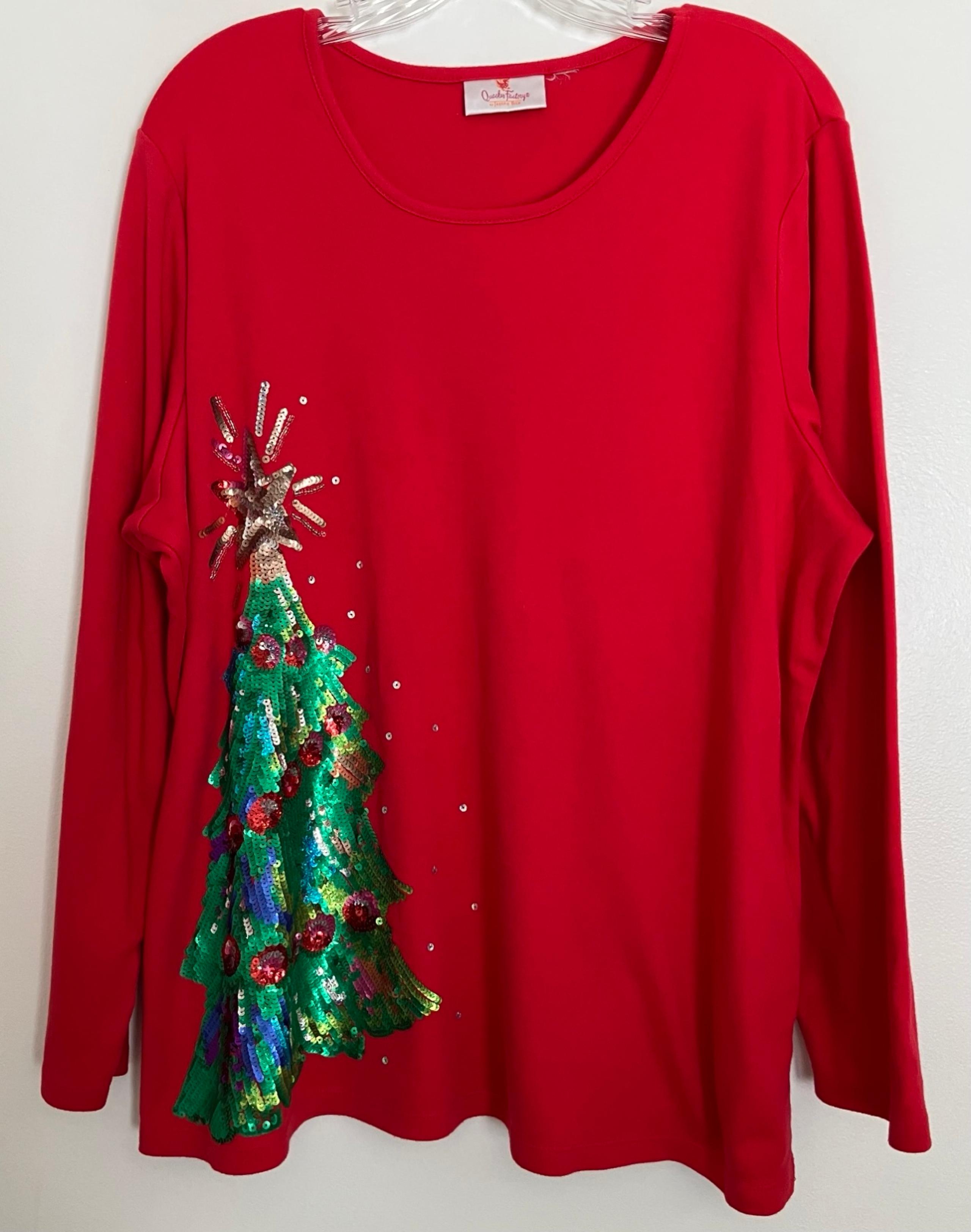 Quacker Factory Red Embroidered Sequin Christmas Tree Holiday Sparkle Top 1X