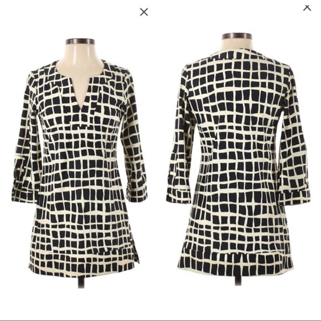 Jude Connally Tunic Top V-neck 3/4 Sleeve Geometric Print Blue White S