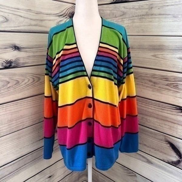 Vintage Rainbow Colorful Striped Button Front Oversized Cardigan Sweater