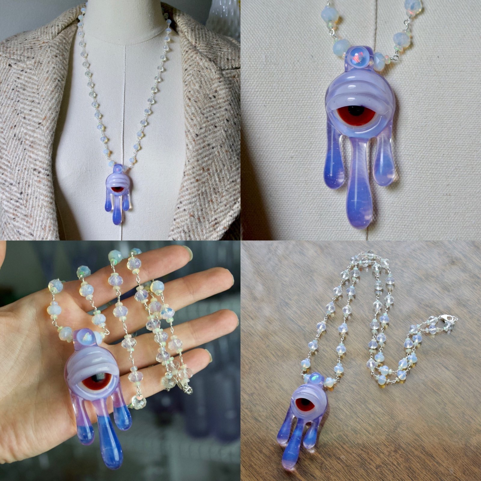 25” Solid Sterling Silver Opalite Glass & Opal Dripping Eye Necklace