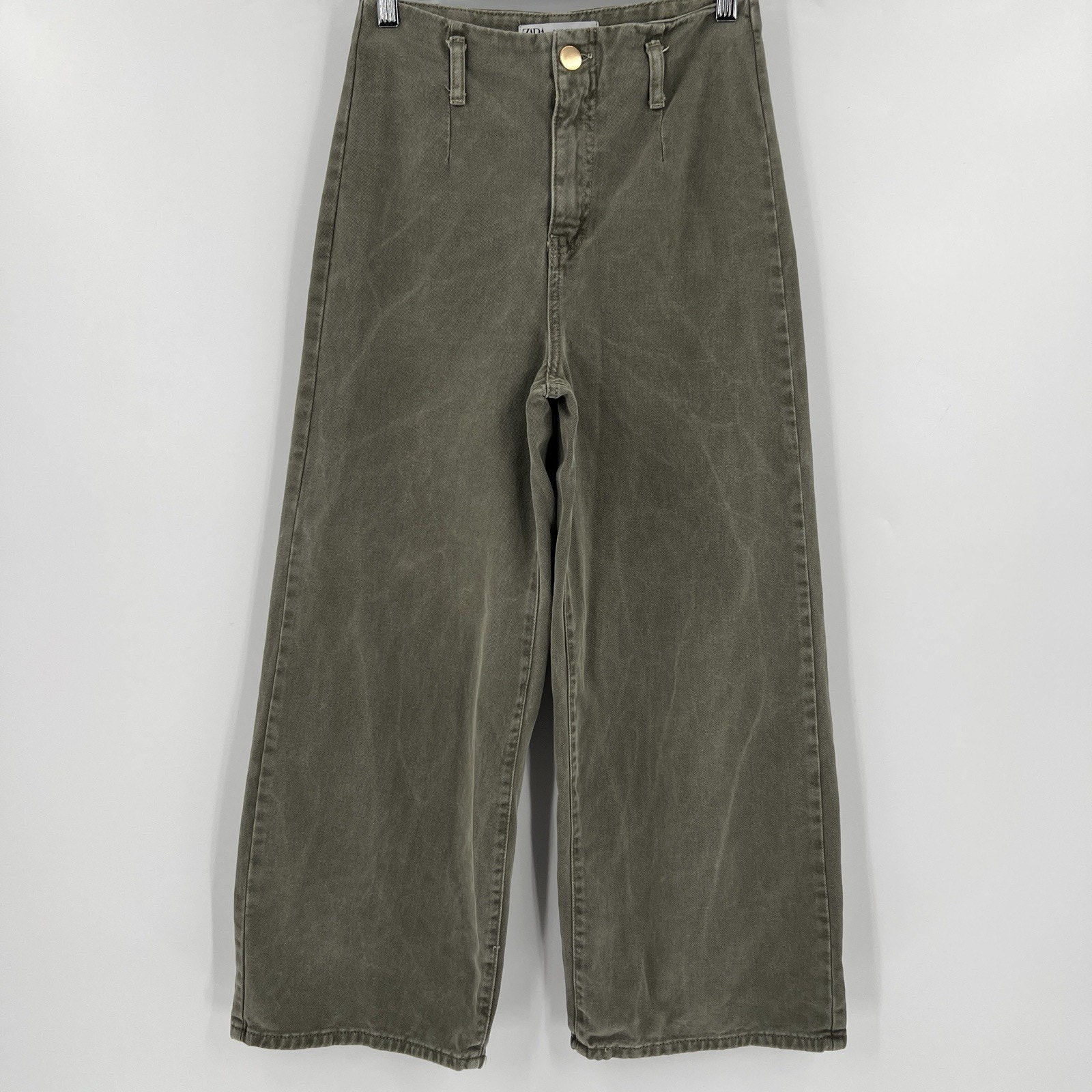 Zara Wide Leg Jeans Dark Green Wash High Rise Cotton Cropped Women’s Size 2