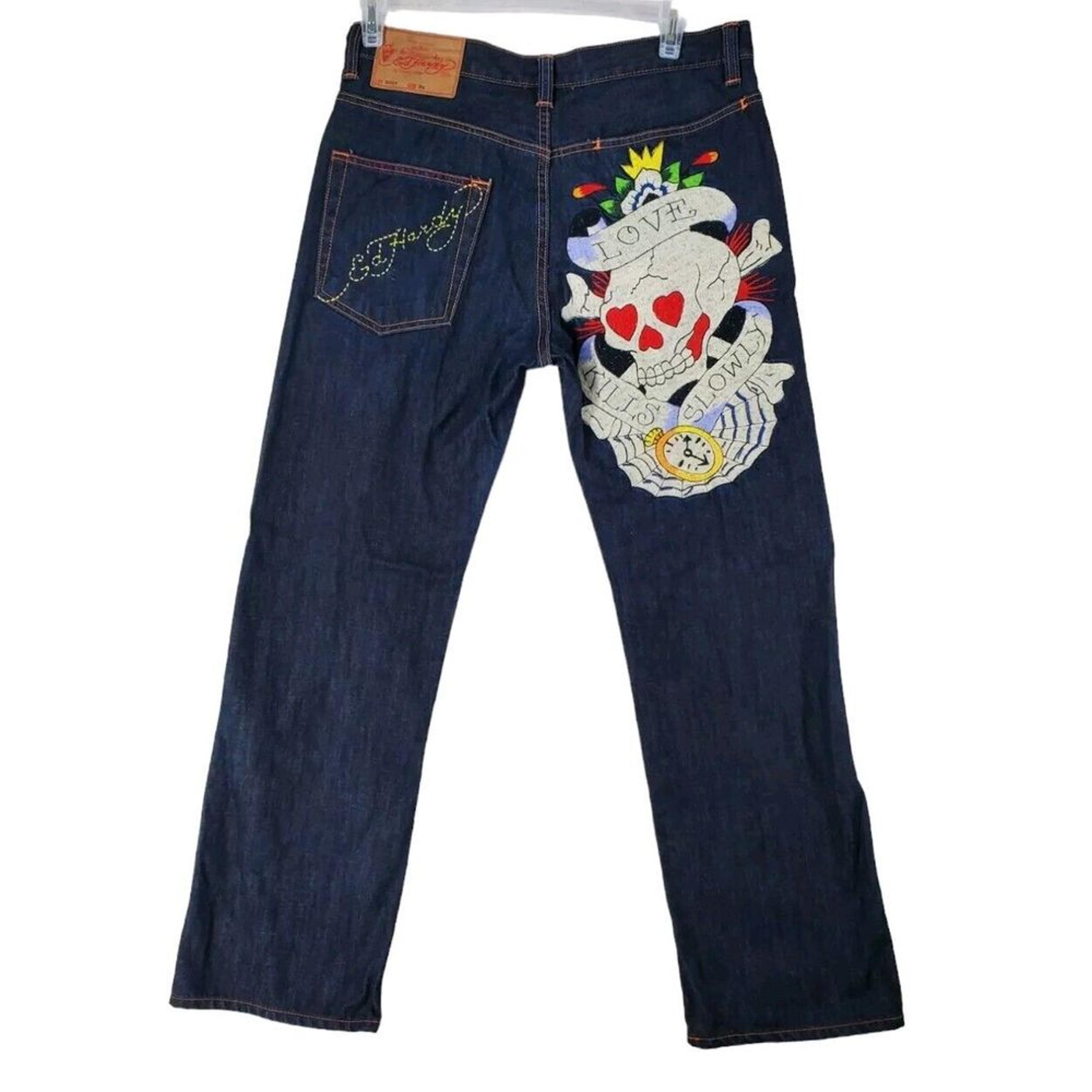 Ed Hardy Blue Jeans Love Kills Men 34x31 Baggy Skull Heart Tattoo Embroidery Y2K