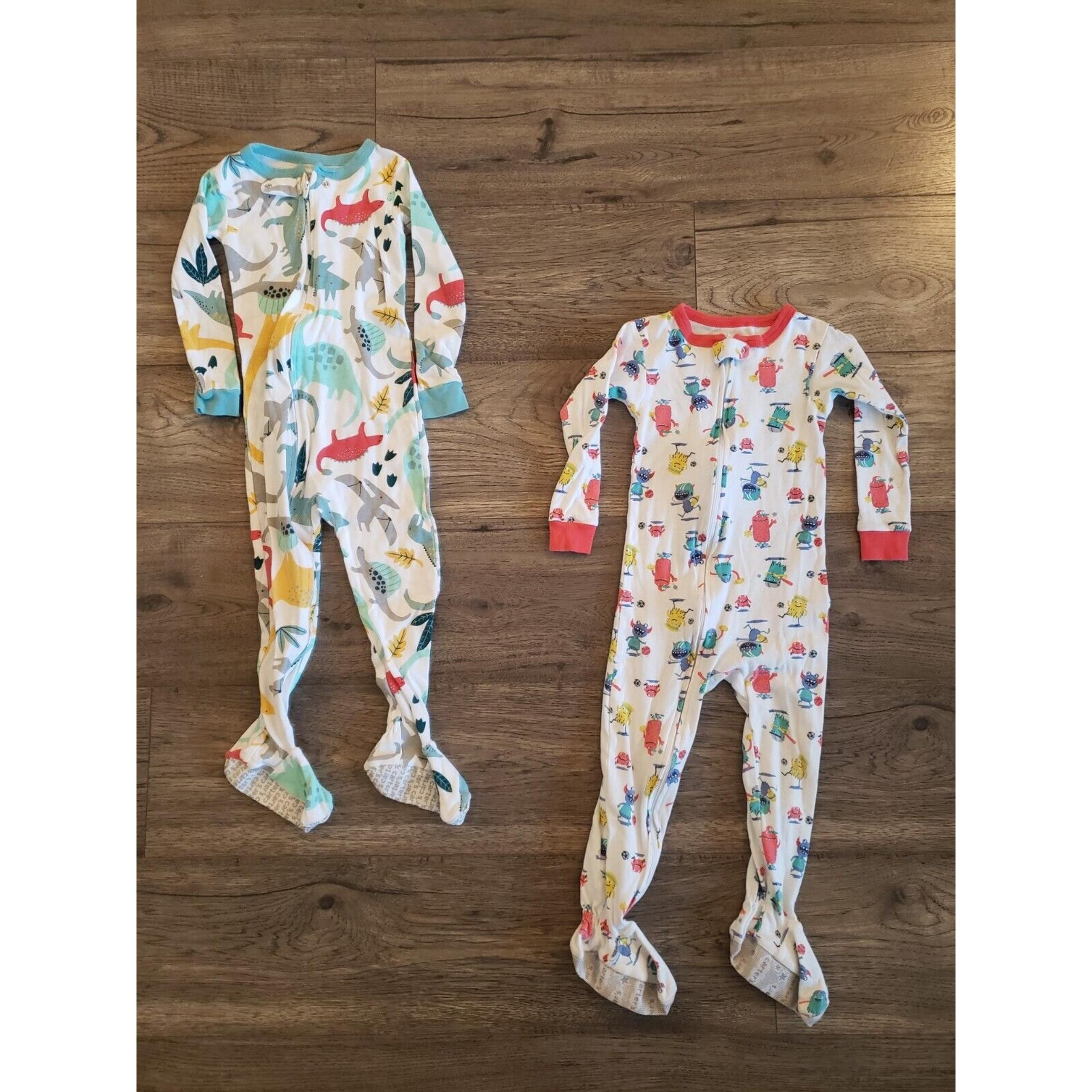 Baby Boys Footed Pajamas Long Sleeve 3T Lot of 2 Toddler White Monster Dinosaur