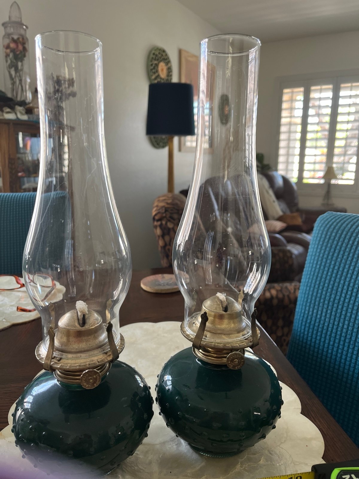 Glass Hurricane Lamps, pair