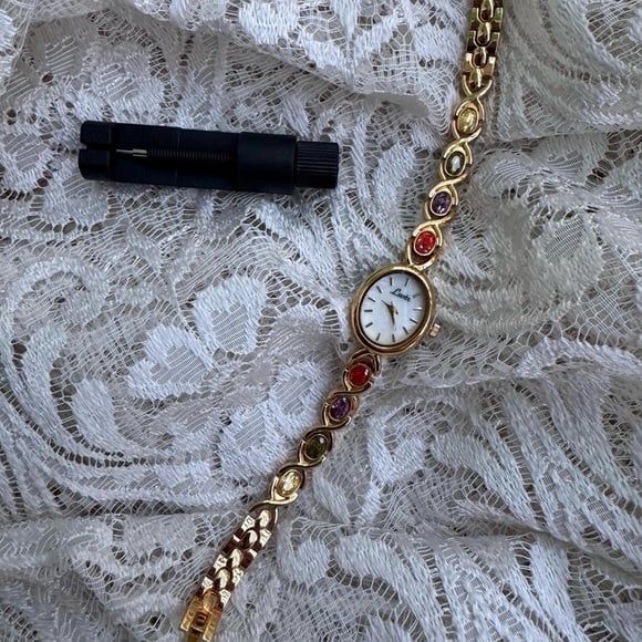 New vintage style gold plated multi colored stones dainty watch