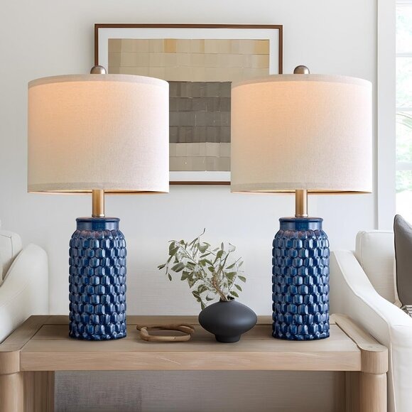 New Set of 2 Dark Blue 20.5Inch Ceramic Bedside or Table Lamp for Home Decor