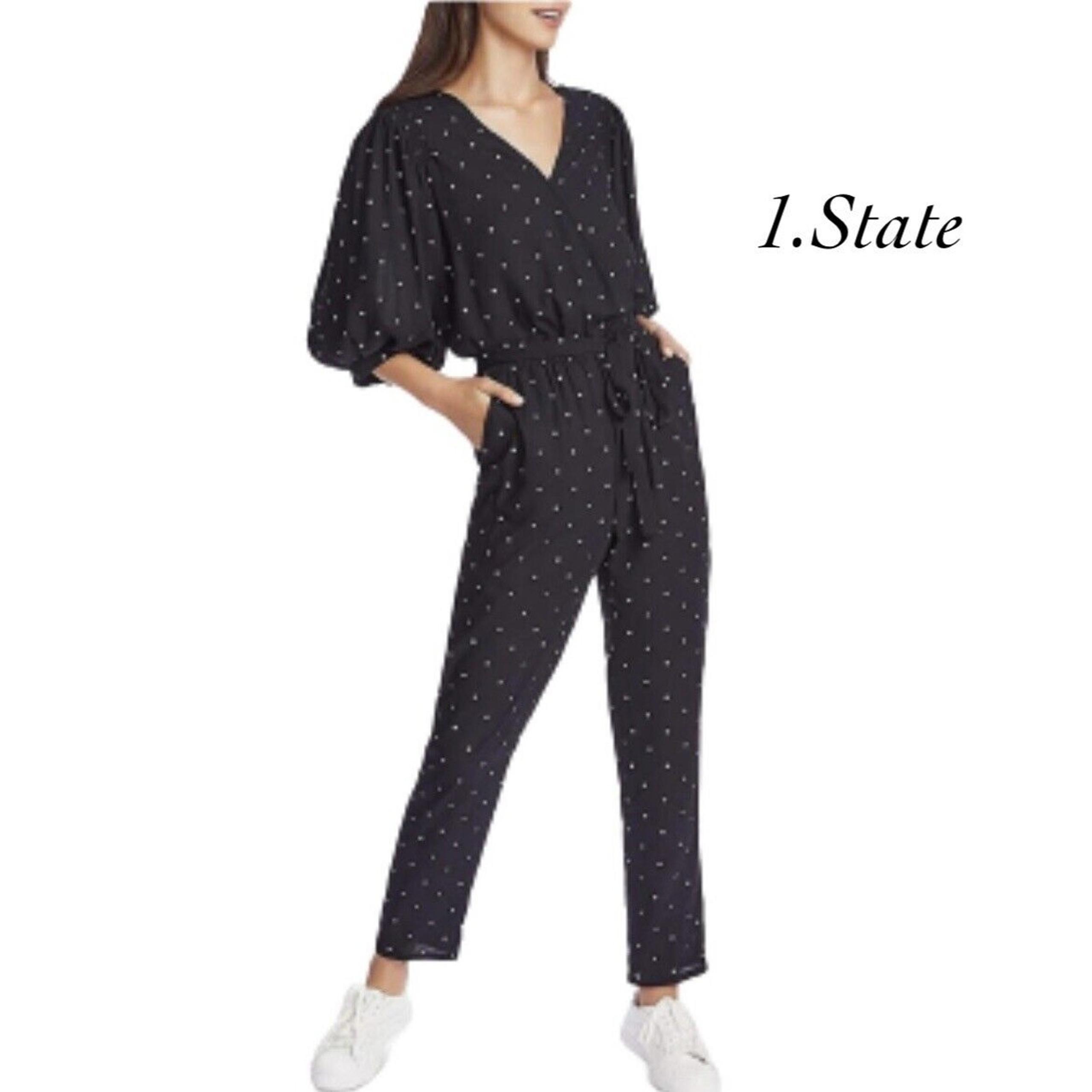 1.State Women's Moonlit Navy Blue Polka Dot Belted Wrap Front Jumpsuit Size XS