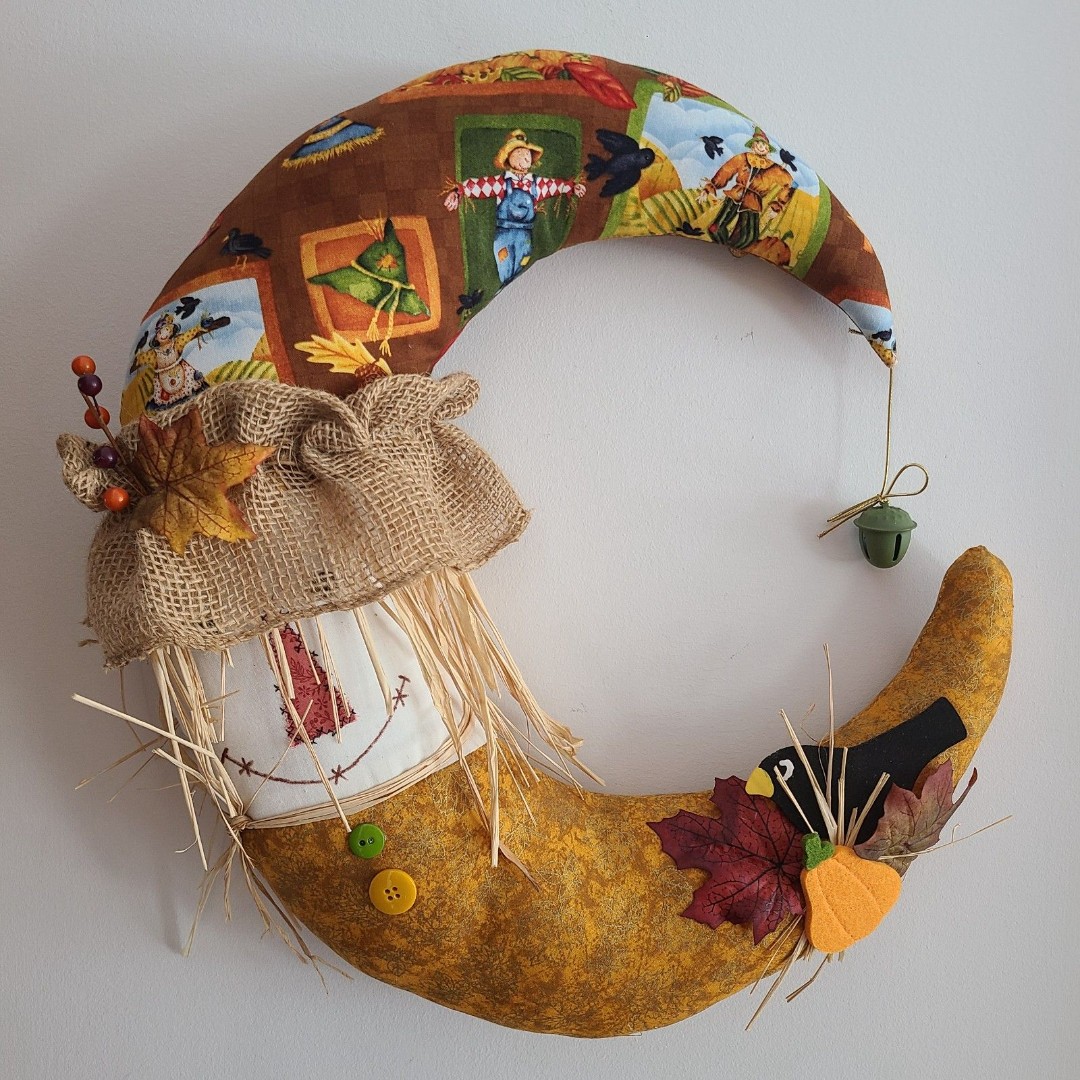 Handcrafted Autumn Moon Scarecrow Wreath Fall Halloween Design Decor Elements