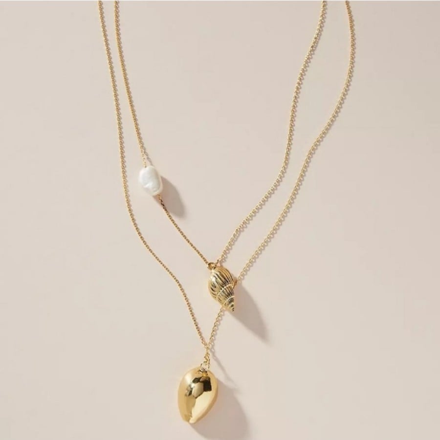 Anthropologie Adella Layered Gold Seashell Pearl Necklace