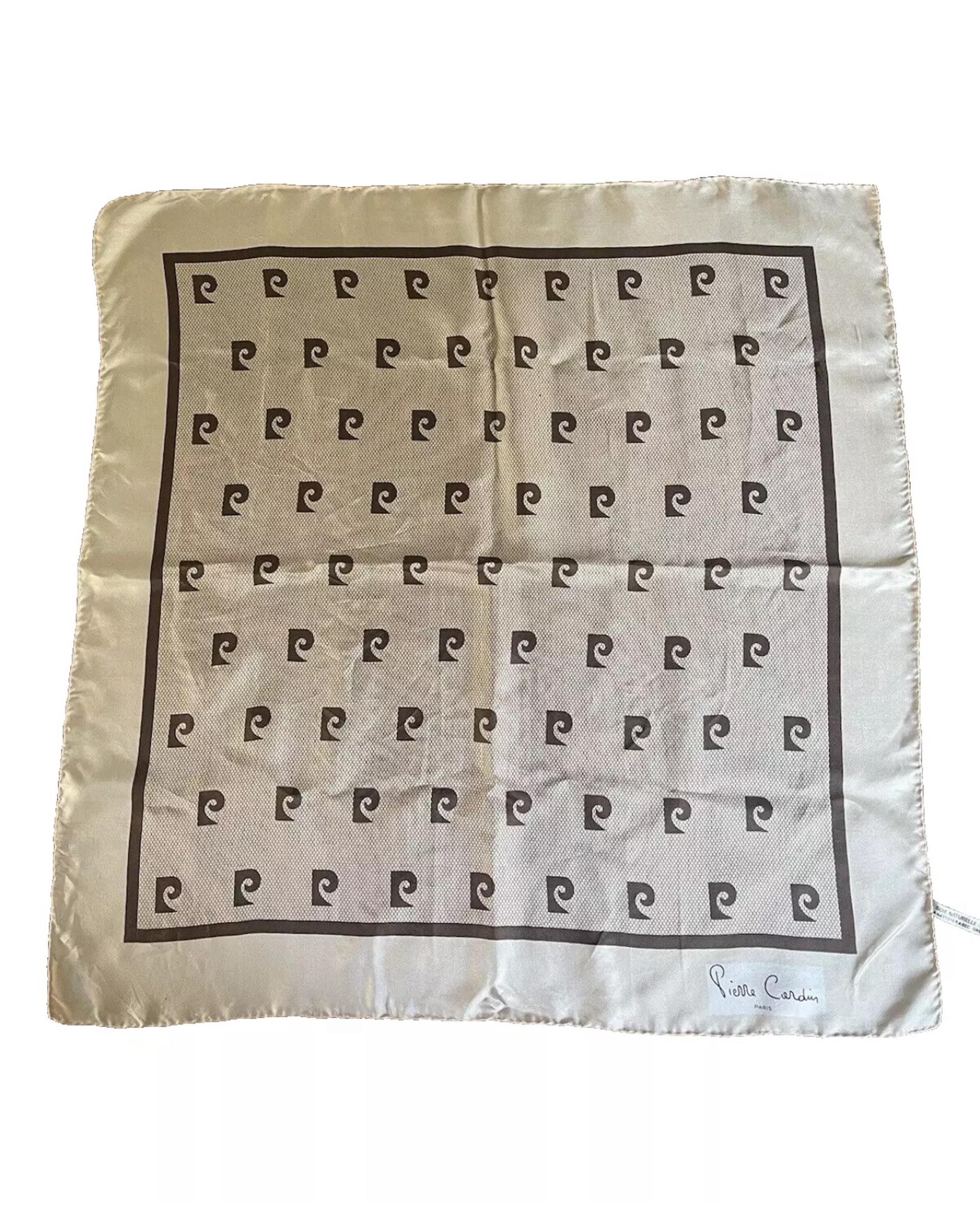 Vintage 70s Pierre Cardin Paris Signature Logo Silk Scarf Brown Ivory 25 x 26