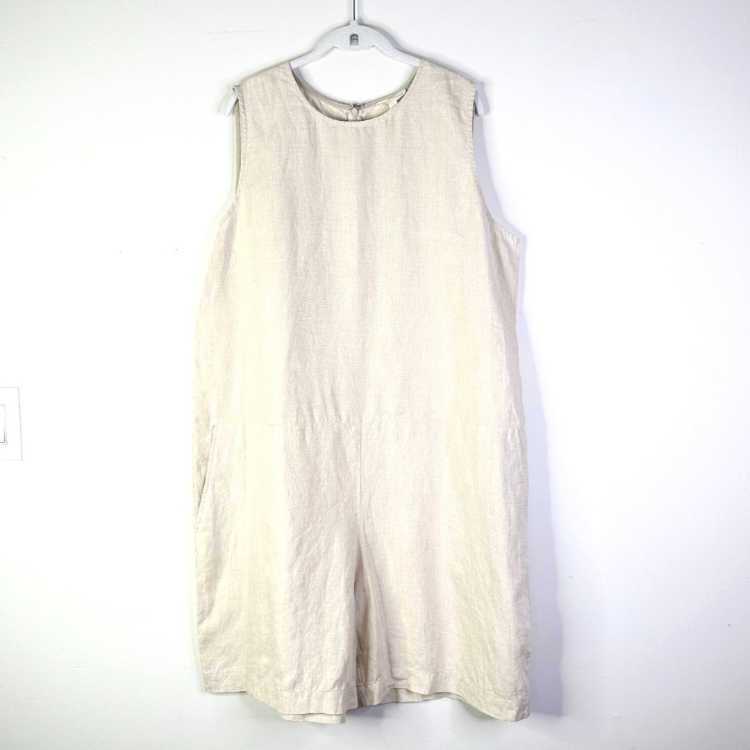 Eileen Fisher Romper Women XL Beige Khaki Organic Linen Shorts Relaxed