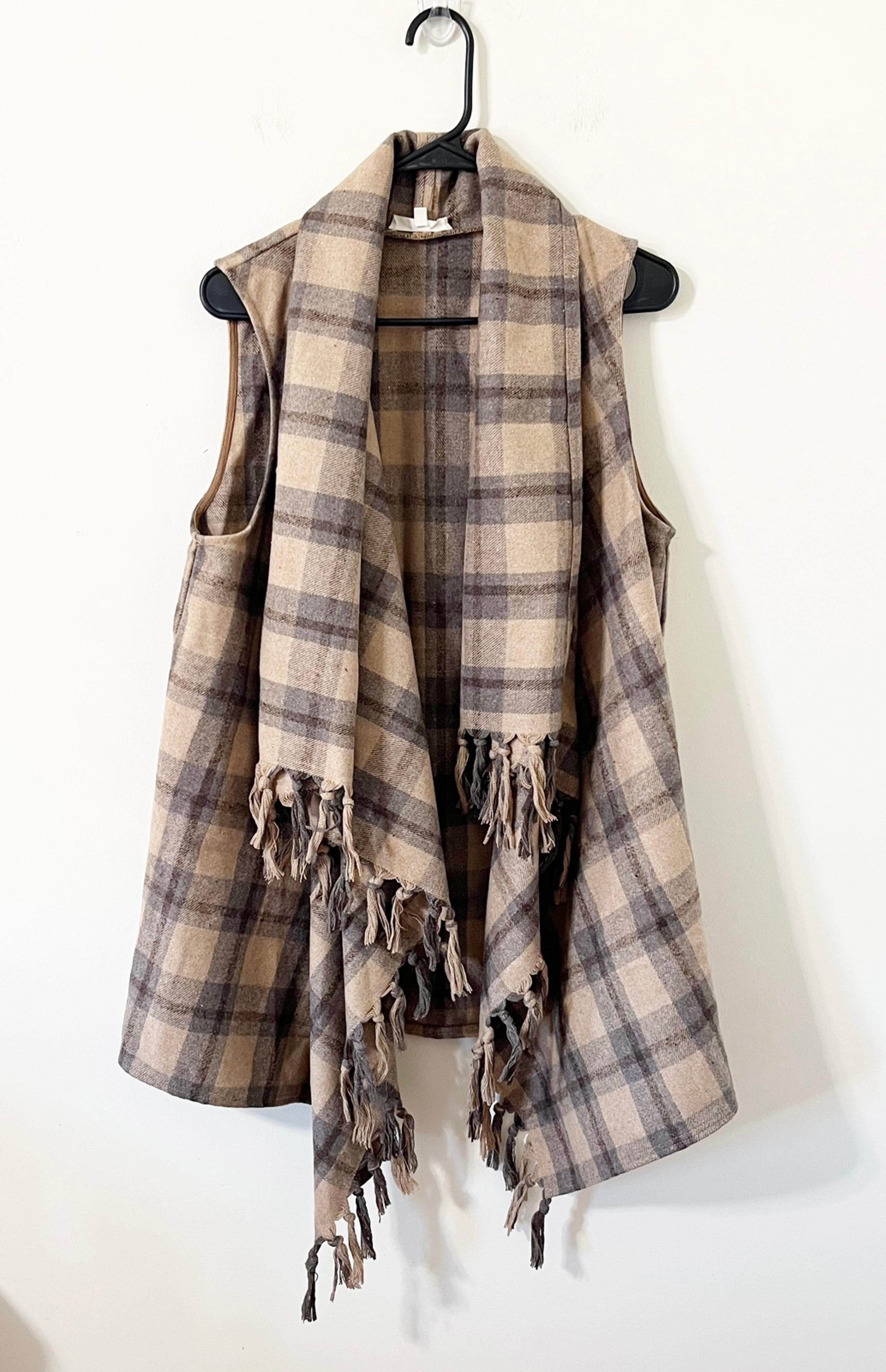 Entro Brown Plaid Fringe Sleeveless Drapey Open Front Wool Blend Vest Size M