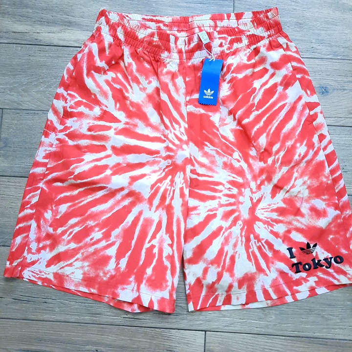 NEW Adidas I heart love Tokyo swim trunks shorts red tie dye men's Medium/Large?