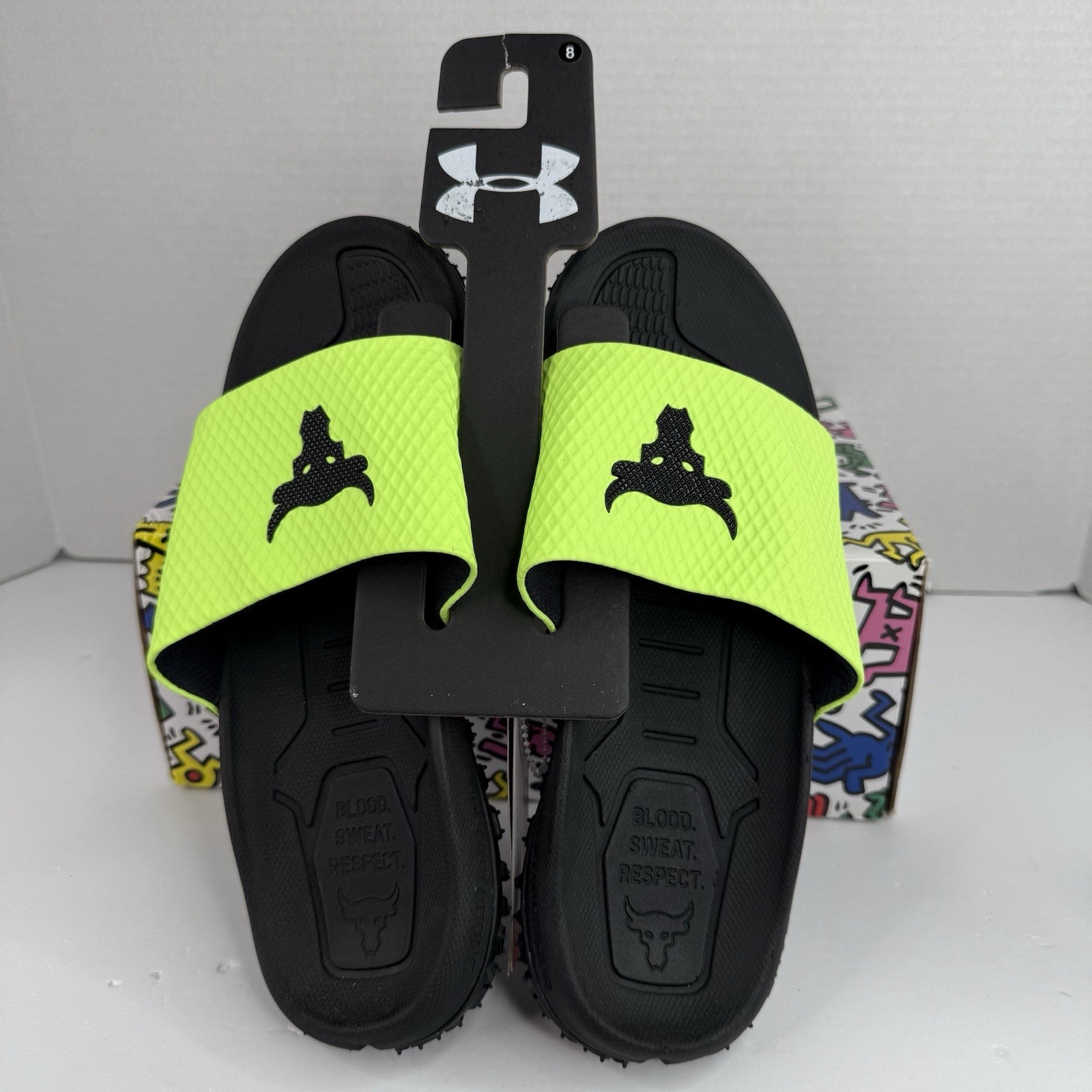 Under Armour Project Rock Fat Tire Slides Men's Size 8 Black Volt 3025237 302