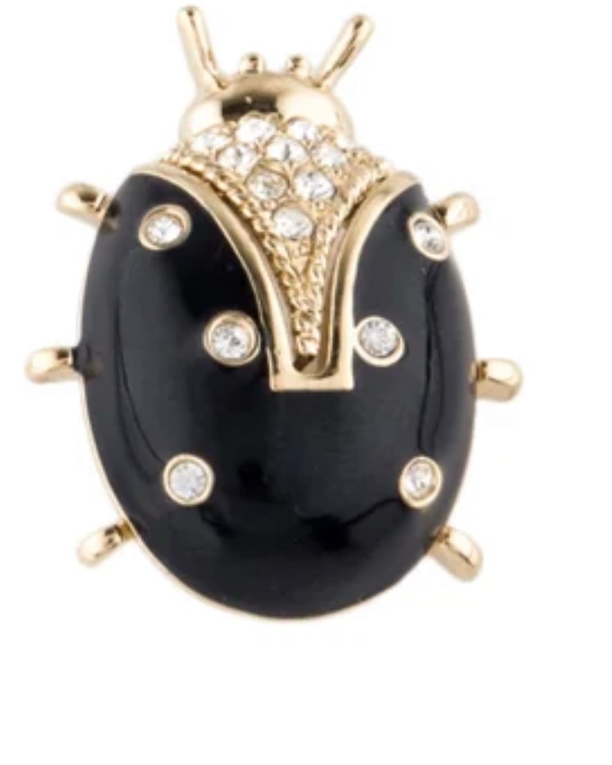 St. John Glossy Black Enamel & Crystal Rhinestone Lady Bug Brooch 1 2/8 MINTY!
