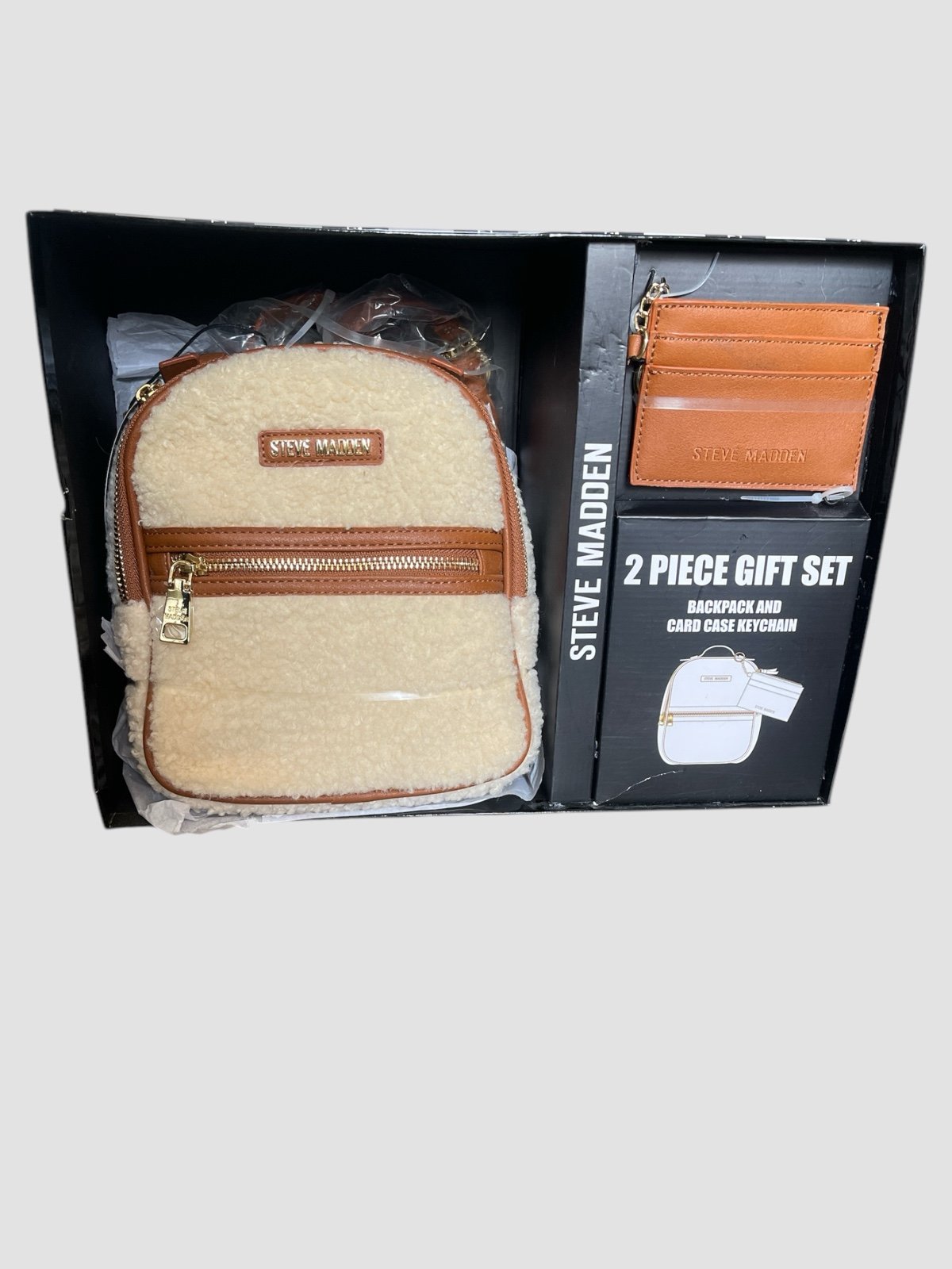 Steve madden Cream / Brown Sherpa Mini Backpack With Card Case Sets Gifting NIB